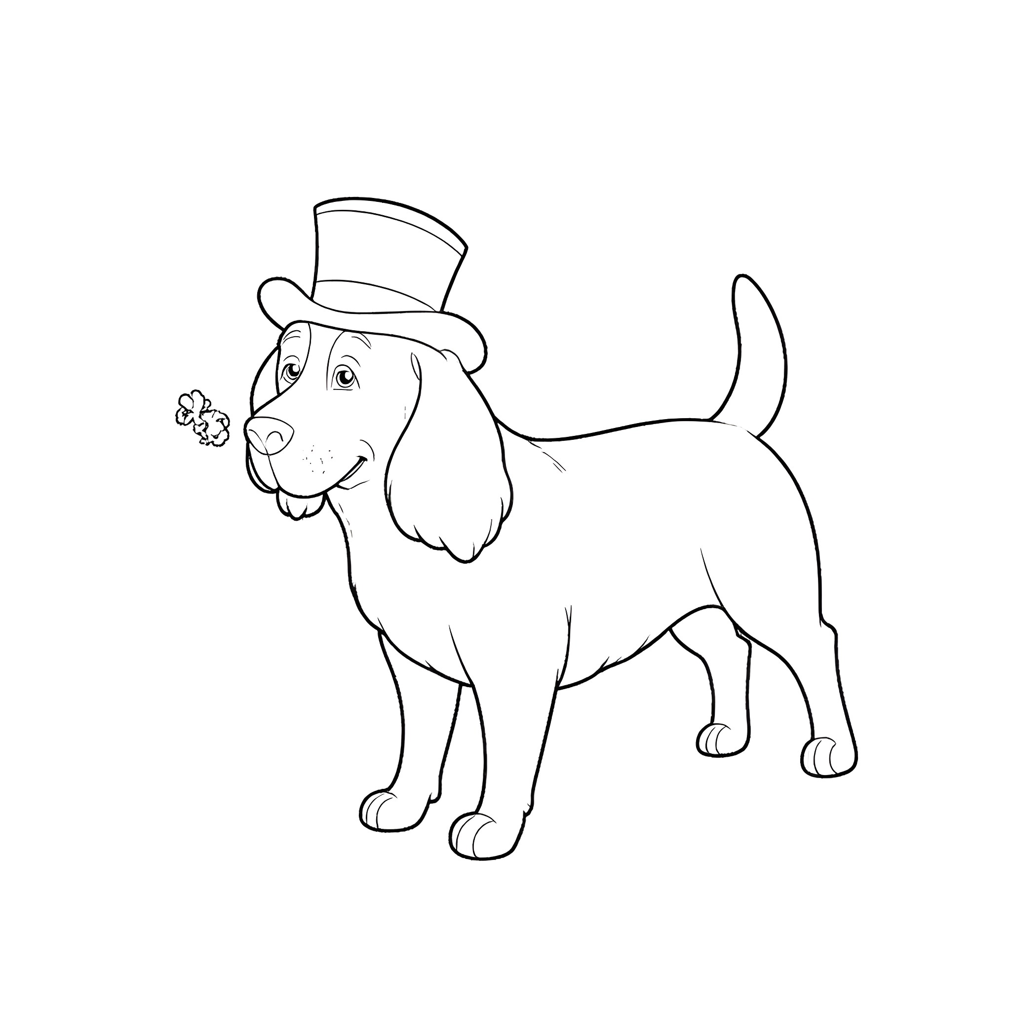 Dog wearing a top hat and holding a flower Coloring Page (free black-and-white line drawing printable PDF for all, from beginners to advanced learners, including children, teens, adults, and seniors)