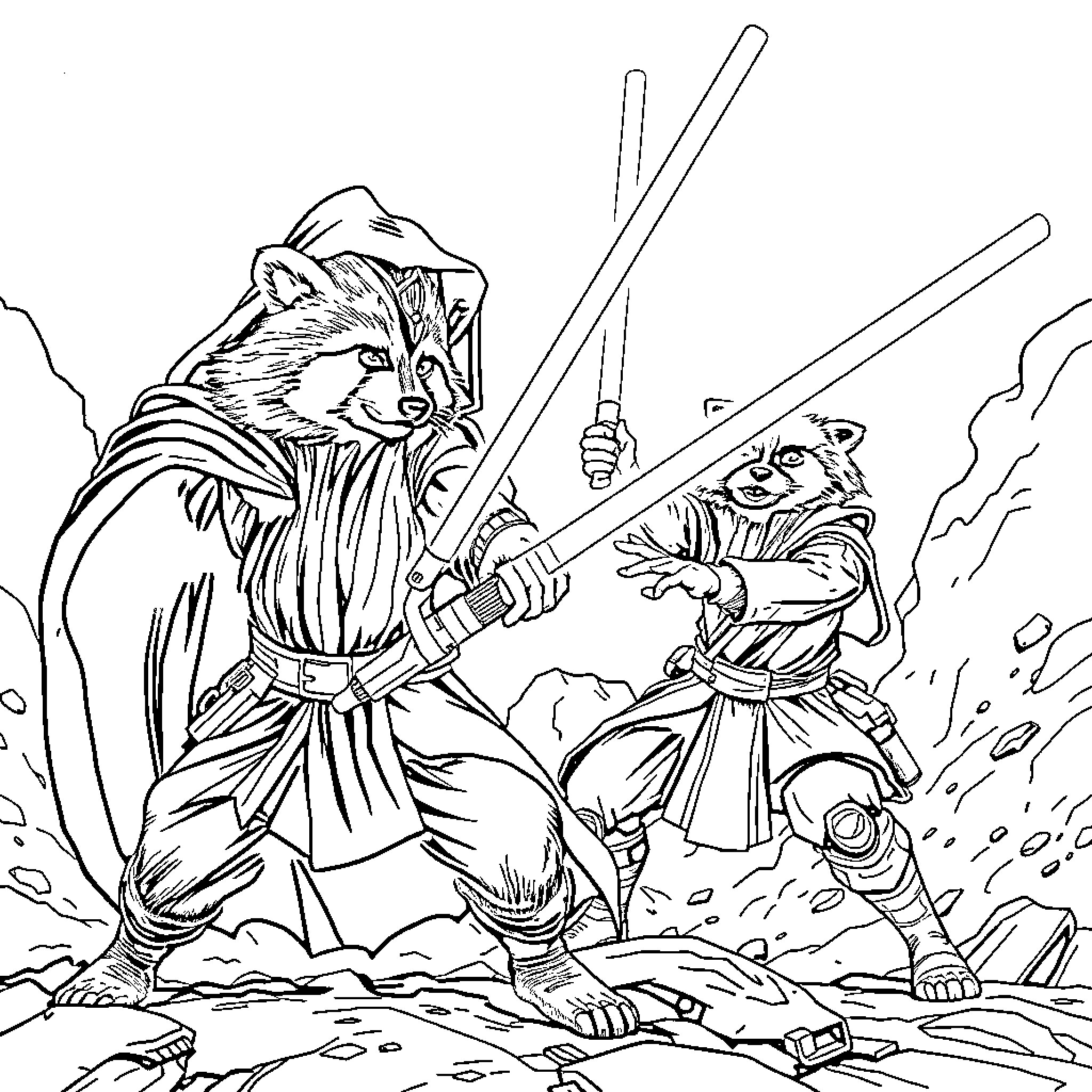 Raccoon warriors in epic battle with lightsabers Coloring Page (free black-and-white line drawing printable PDF for all, from beginners to advanced learners, including children, teens, adults, and seniors)