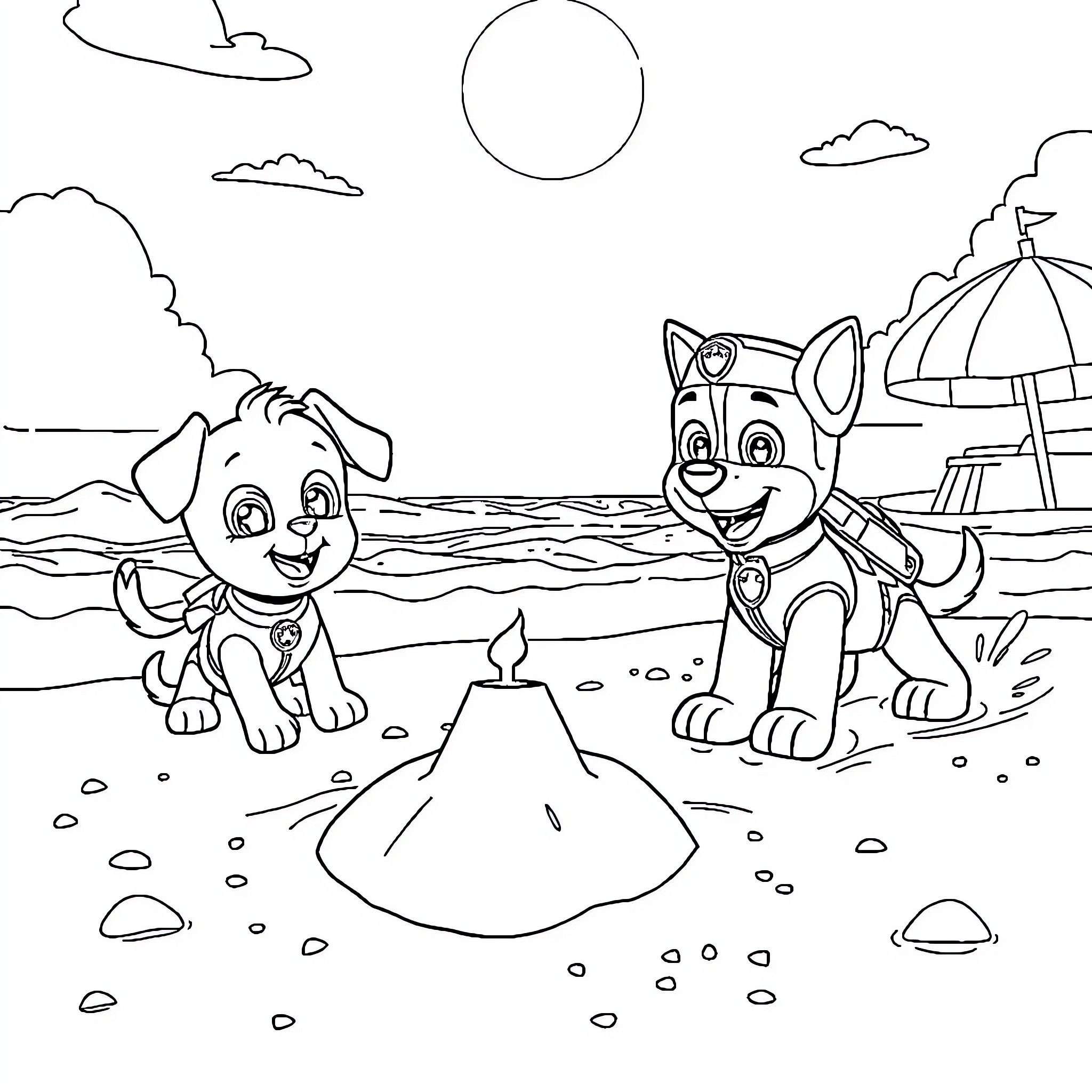 Paw Patrol pups playing at the beach Coloring Page (free black-and-white line drawing printable PDF for all, from beginners to advanced learners, including children, teens, adults, and seniors)