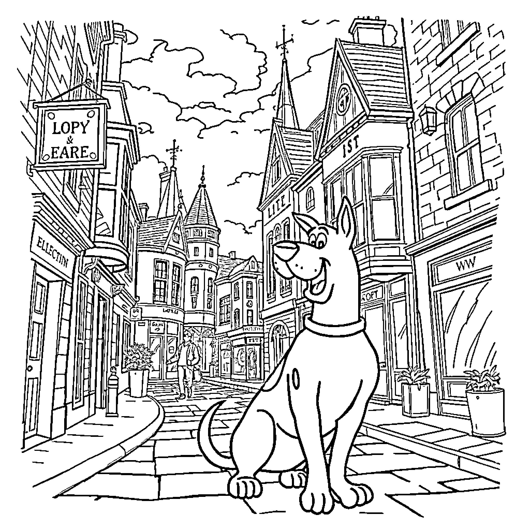 Scooby Doo explores a busy city street Coloring Page (free black-and-white line drawing printable PDF for all, from beginners to advanced learners, including children, teens, adults, and seniors)