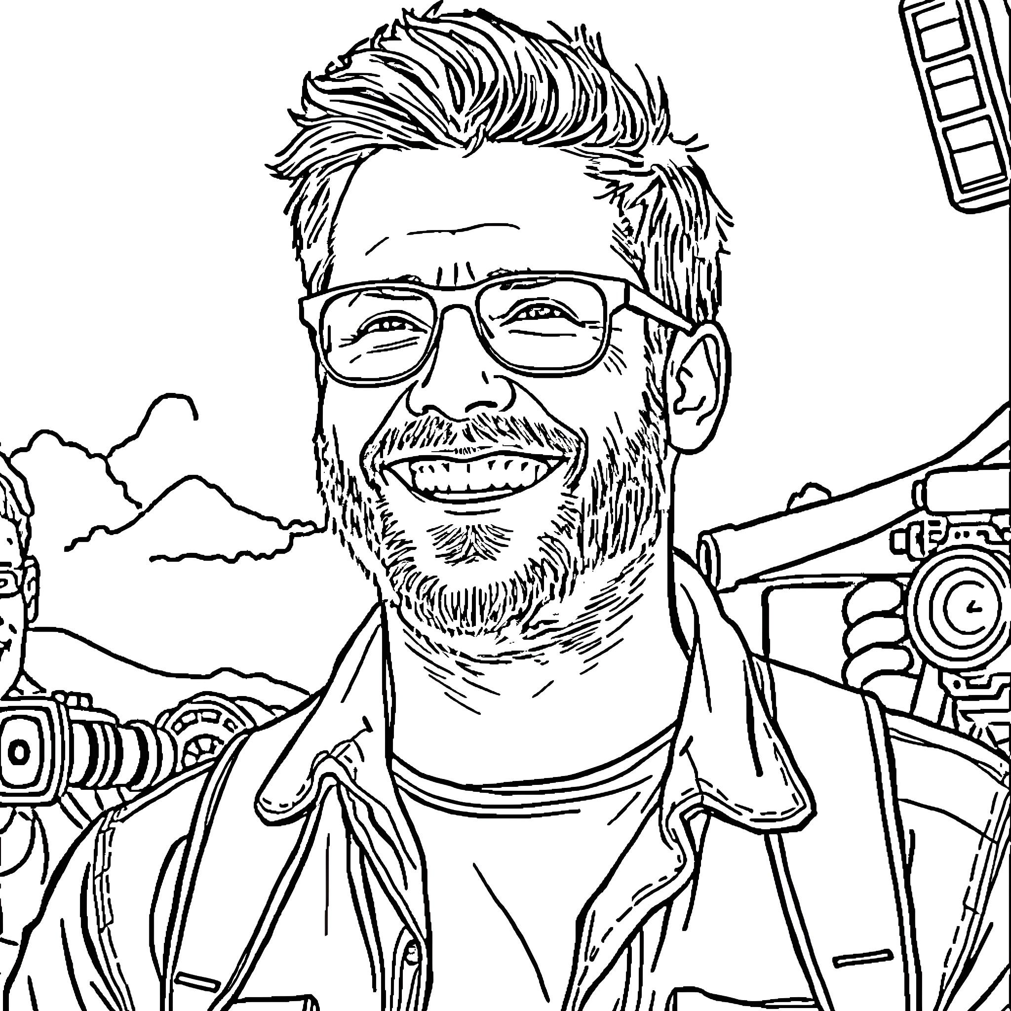 Chris Pratt enjoying outdoor adventure with camera and equipment Coloring Page (free black-and-white line drawing printable PDF for all, from beginners to advanced learners, including children, teens, adults, and seniors)