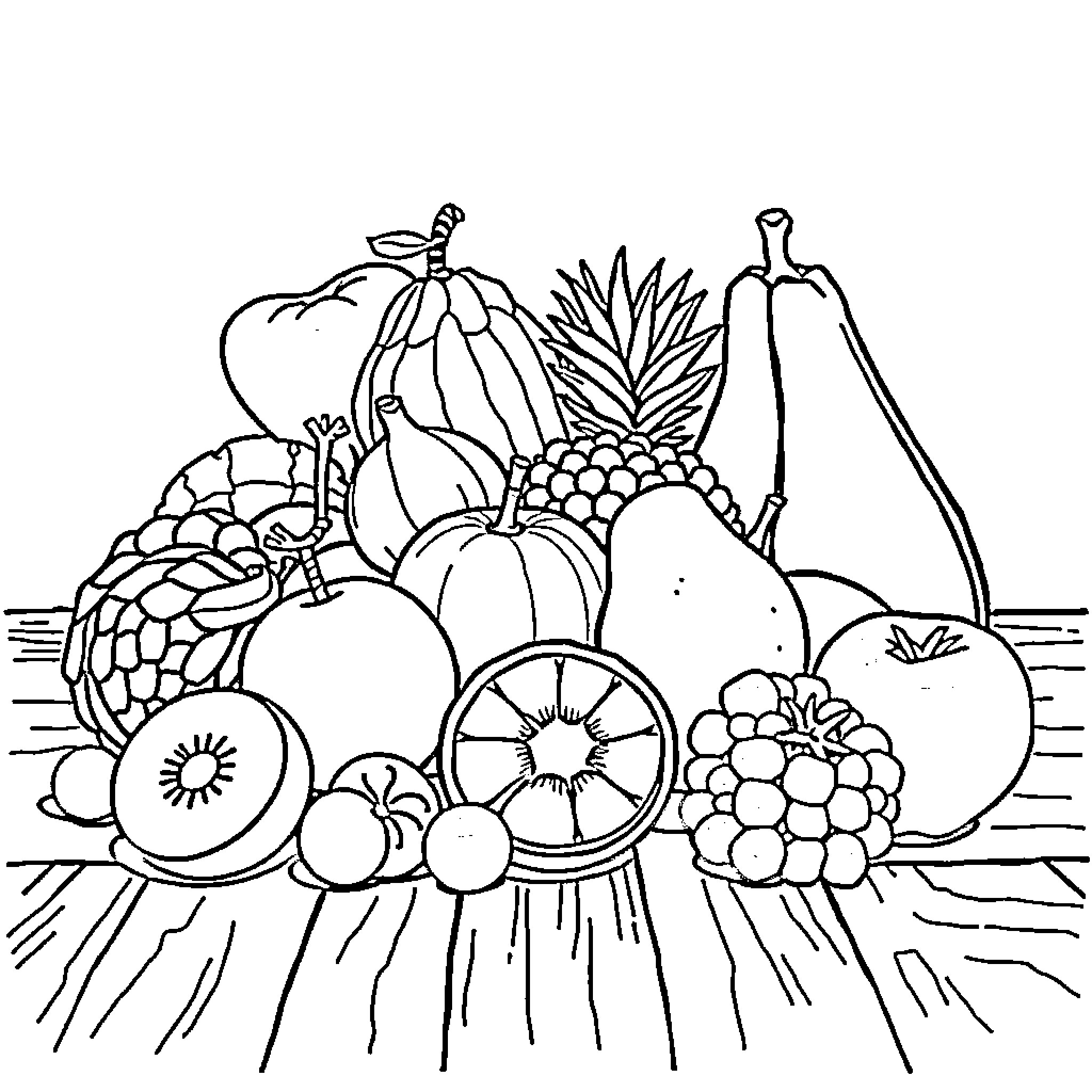 Fruit arrangement in detailed illustration Coloring Page (free black-and-white line drawing printable PDF for all, from beginners to advanced learners, including children, teens, adults, and seniors)
