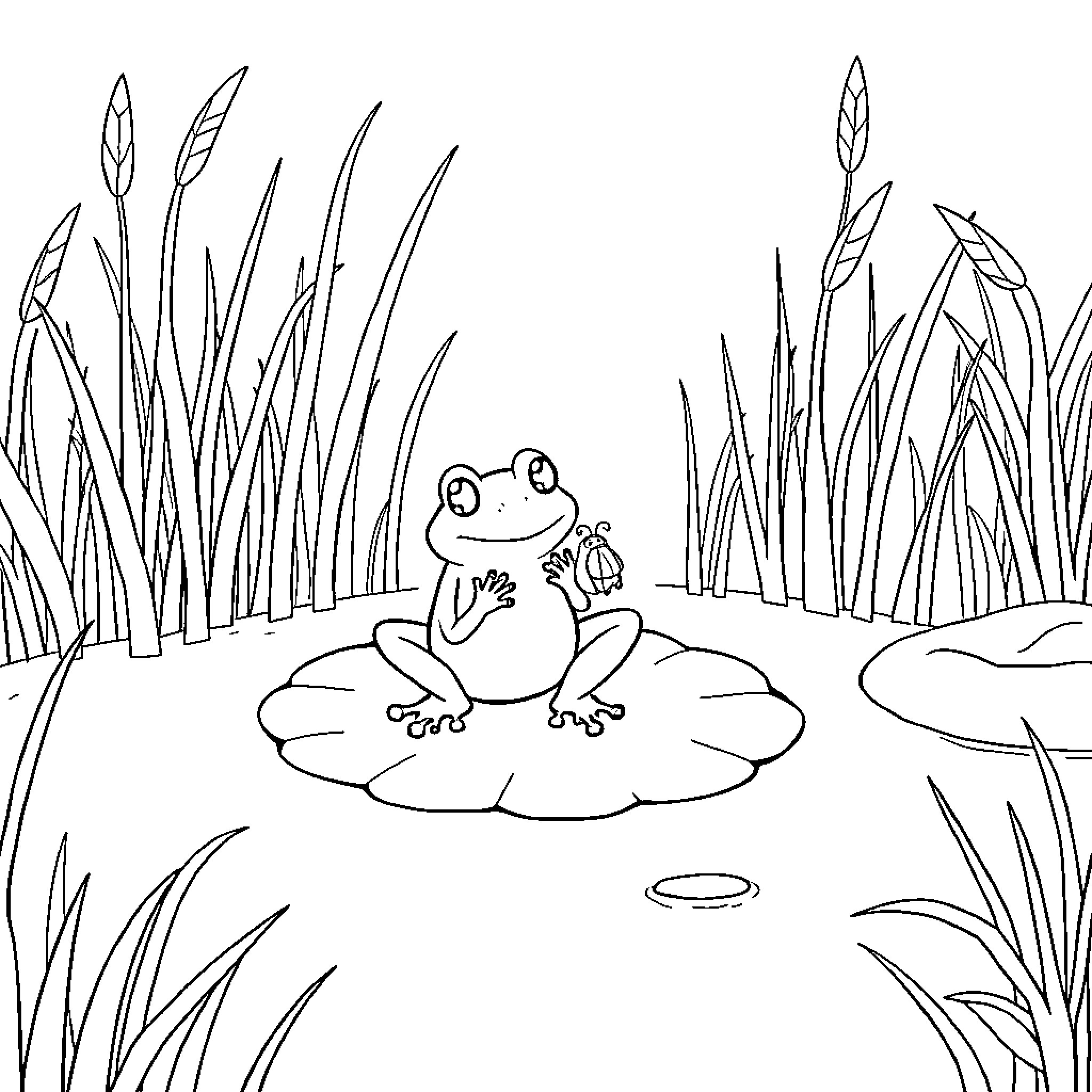 Frog sitting on lily pad in pond Coloring Page (free black-and-white line drawing printable PDF for all, from beginners to advanced learners, including children, teens, adults, and seniors)