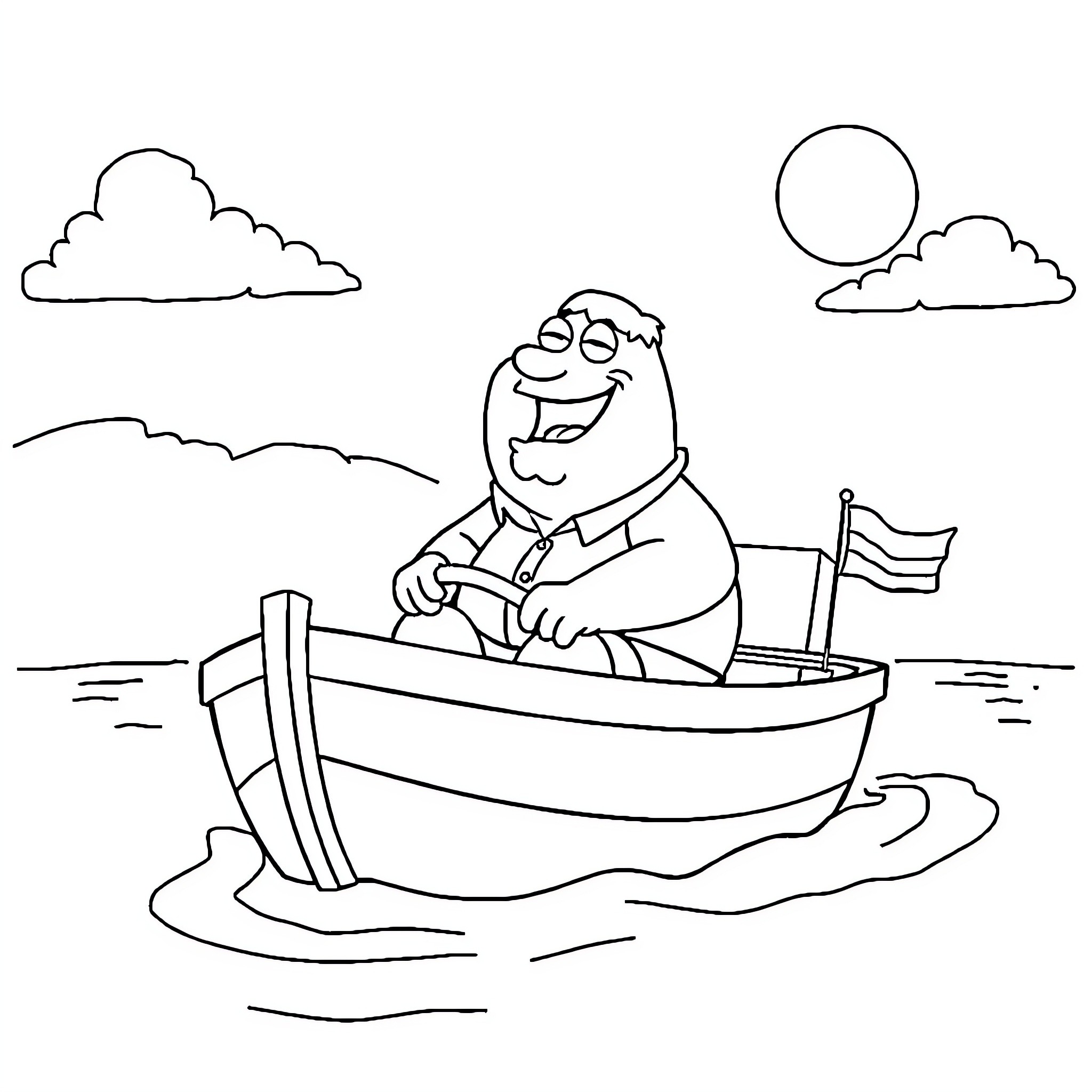 Peter Griffin boating happily on the water Coloring Page (free black-and-white line drawing printable PDF for all, from beginners to advanced learners, including children, teens, adults, and seniors)
