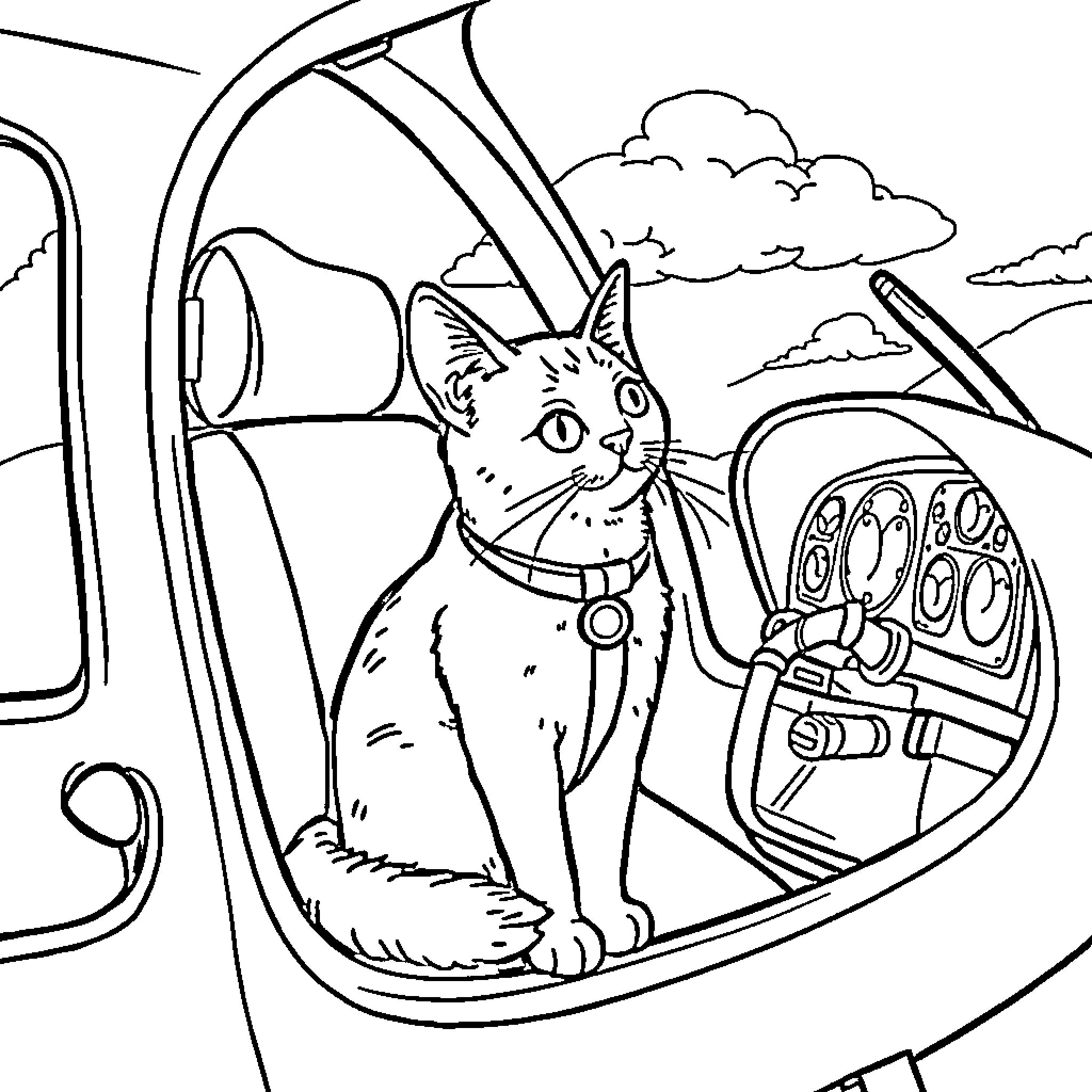 Cat riding in a car Coloring Page (free black-and-white line drawing printable PDF for all, from beginners to advanced learners, including children, teens, adults, and seniors)