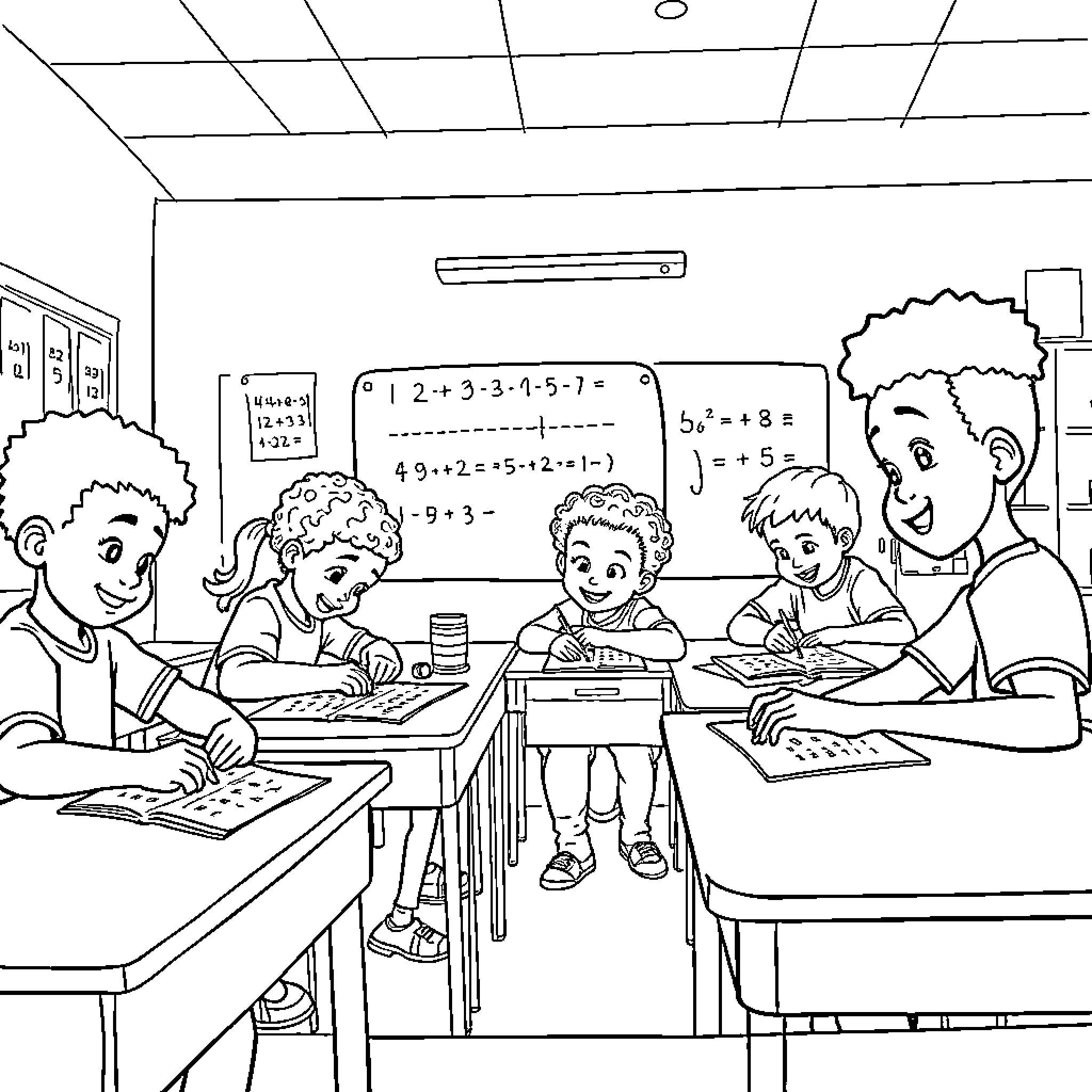 Kid Students Studying and Learning in Classroom Coloring Page (free black-and-white line drawing printable PDF for all, from beginners to advanced learners, including children, teens, adults, and seniors)