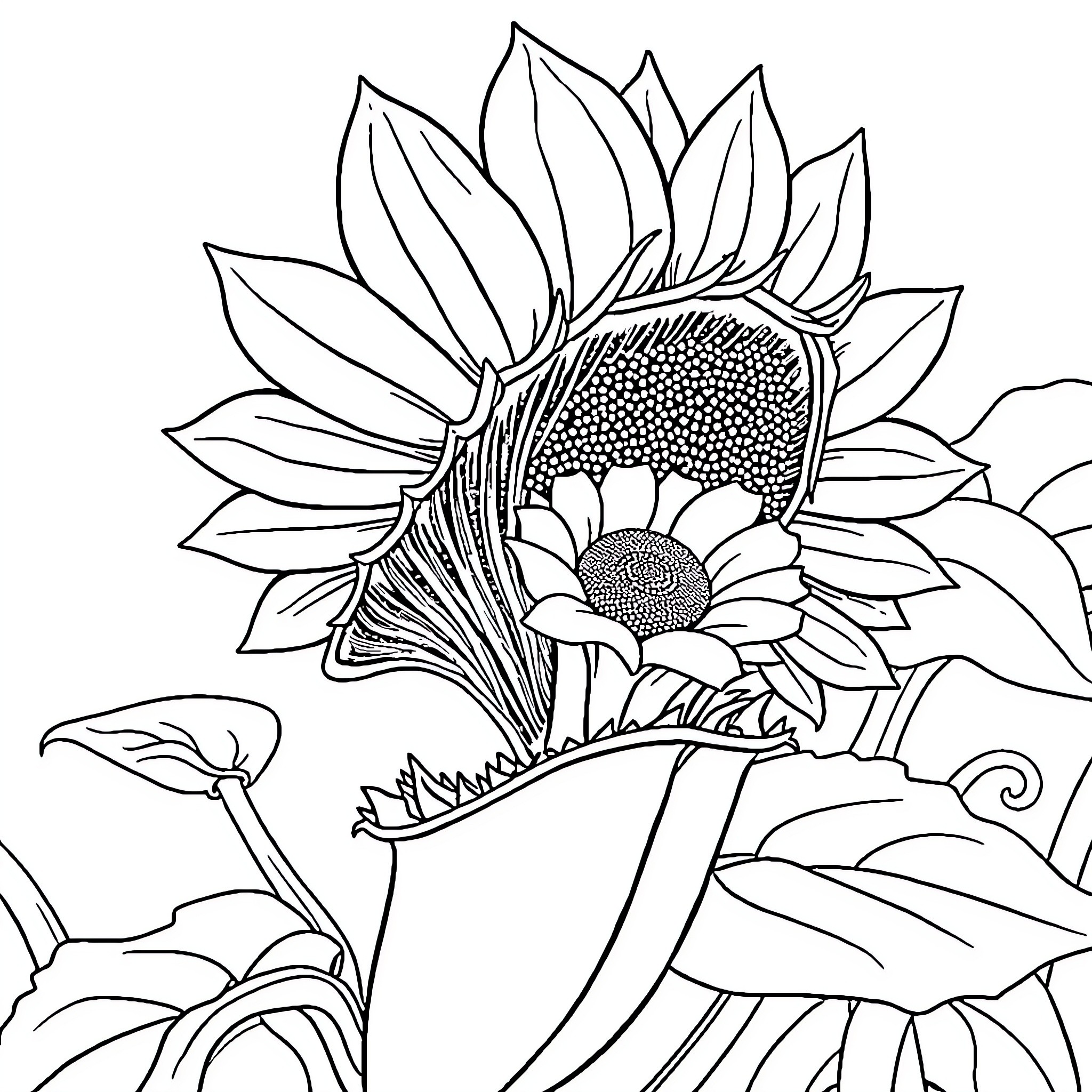 Venus Flytrap Flowers Blooming in Whimsical Landscape Coloring Page (free black-and-white line drawing printable PDF for all, from beginners to advanced learners, including children, teens, adults, and seniors)