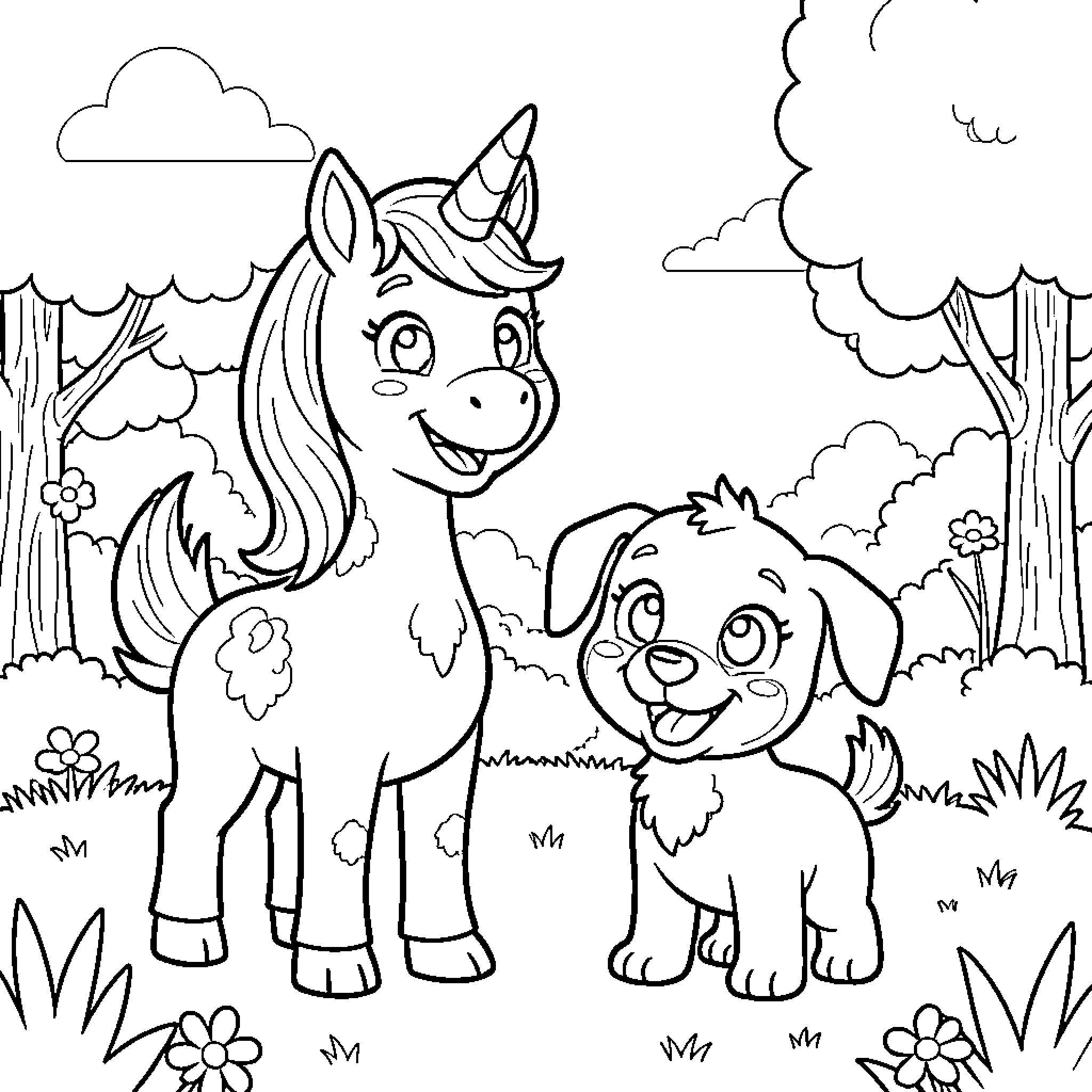 Unicorn and puppy smiling together in a forest Coloring Page (free black-and-white line drawing printable PDF for all, from beginners to advanced learners, including children, teens, adults, and seniors)