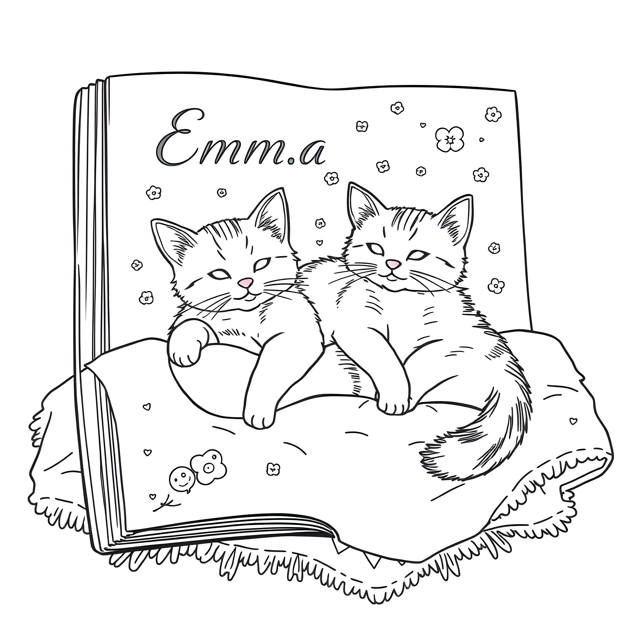 Cat siblings snuggling in storybook Coloring Page (free black-and-white line drawing printable PDF for all, from beginners to advanced learners, including children, teens, adults, and seniors)