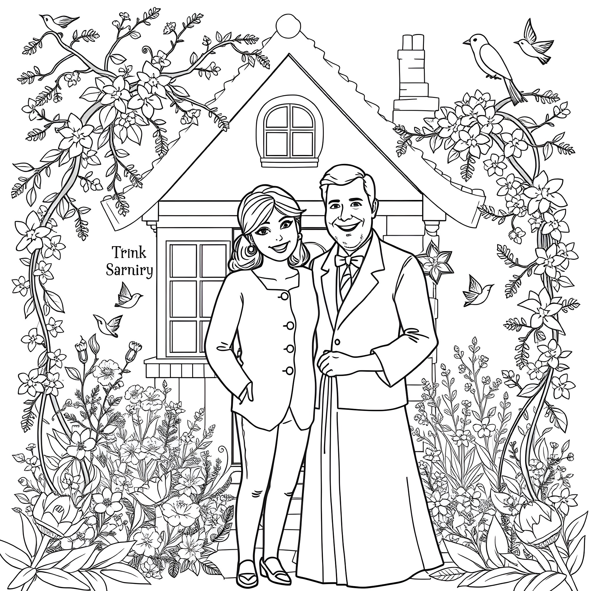 Cottage with Loving Couple in Floral Garden Coloring Page (free black-and-white line drawing printable PDF for all, from beginners to advanced learners, including children, teens, adults, and seniors)