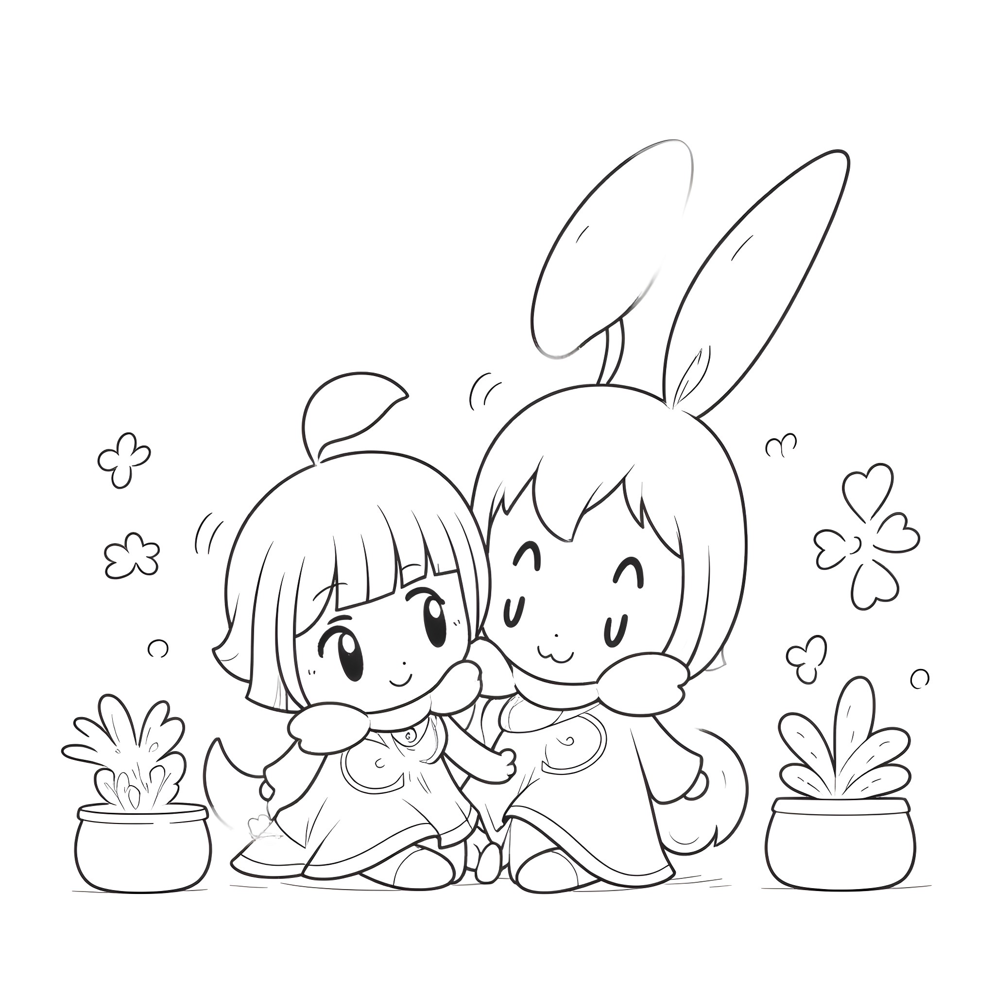 Kuromi and friends in a whimsical garden setting Coloring Page (free black-and-white line drawing printable PDF for all, from beginners to advanced learners, including children, teens, adults, and seniors)