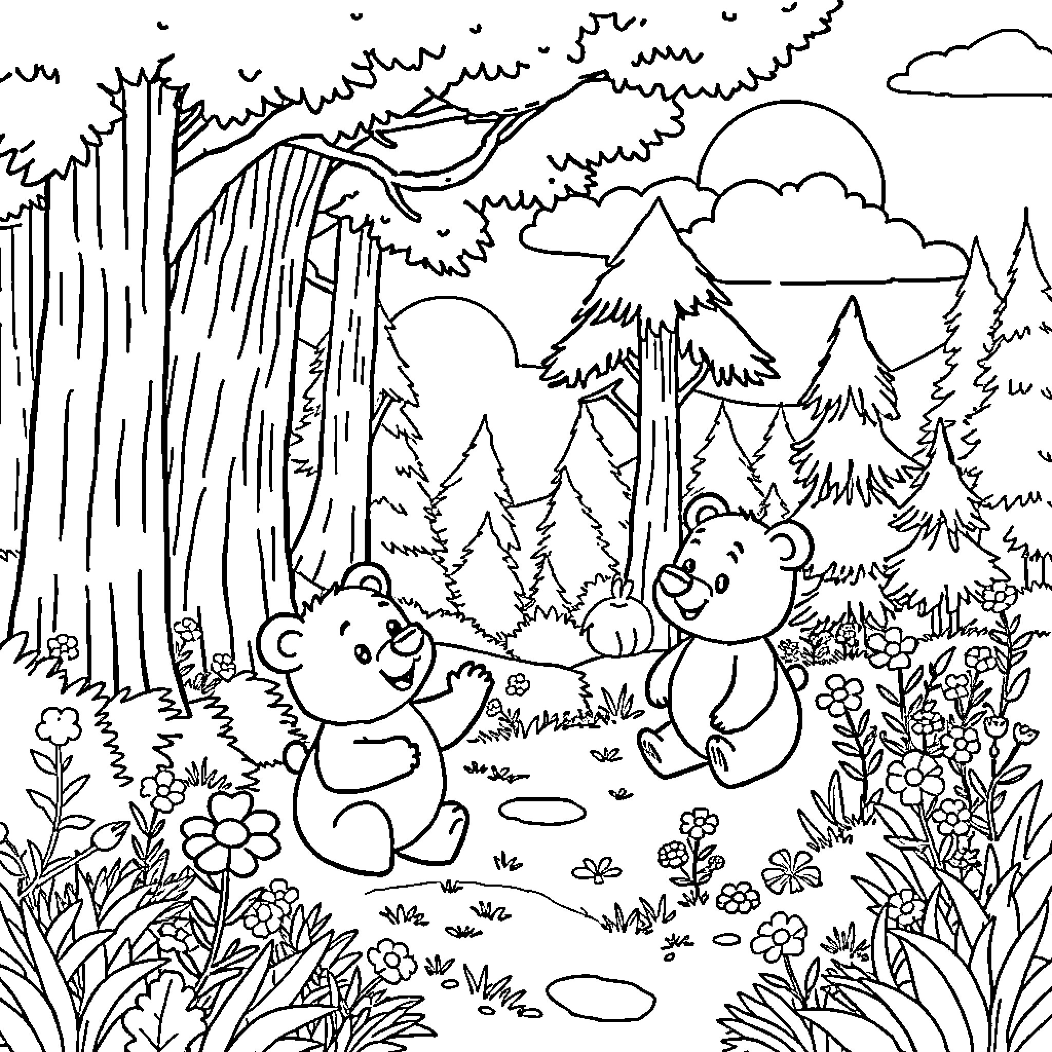 Bear Cubs Playing in the Forest Coloring Page (free black-and-white line drawing printable PDF for all, from beginners to advanced learners, including children, teens, adults, and seniors)