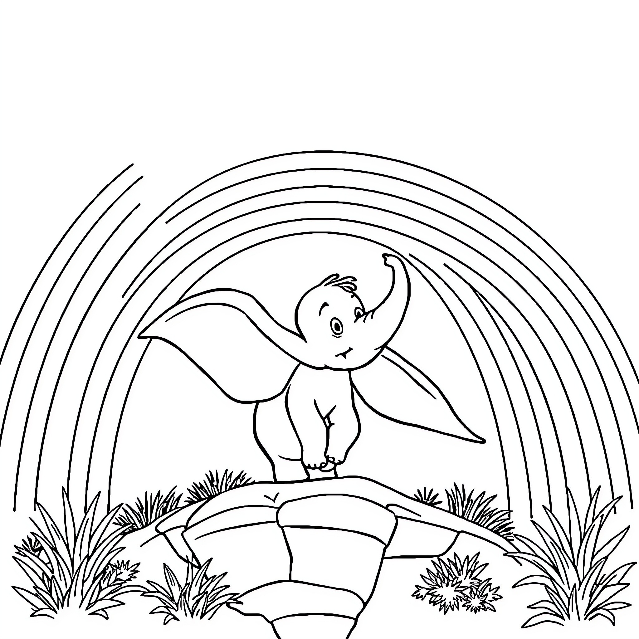 Dumbo the Elephant Exploring Nature and Rainbow Coloring Page (free black-and-white line drawing printable PDF for all, from beginners to advanced learners, including children, teens, adults, and seniors)