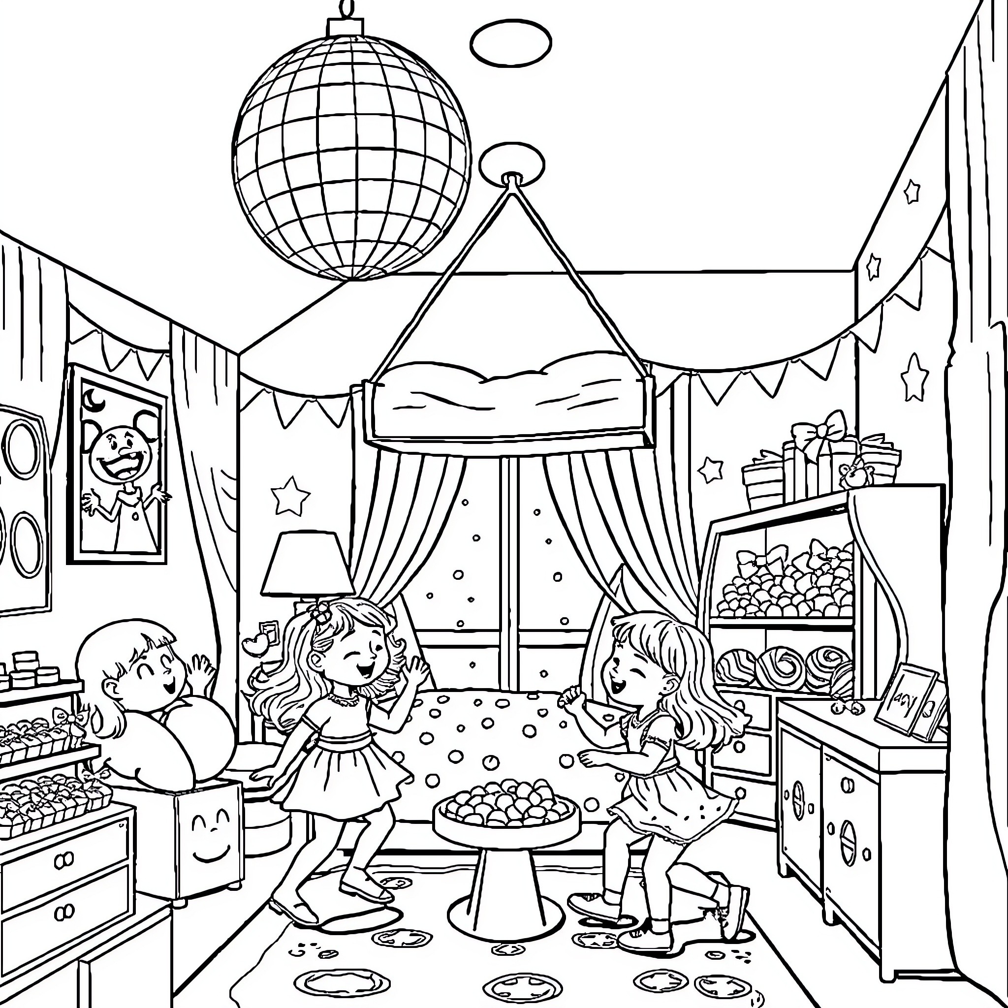 Girl's Sleepover Party with Friends Coloring Page (free black-and-white line drawing printable PDF for all, from beginners to advanced learners, including children, teens, adults, and seniors)