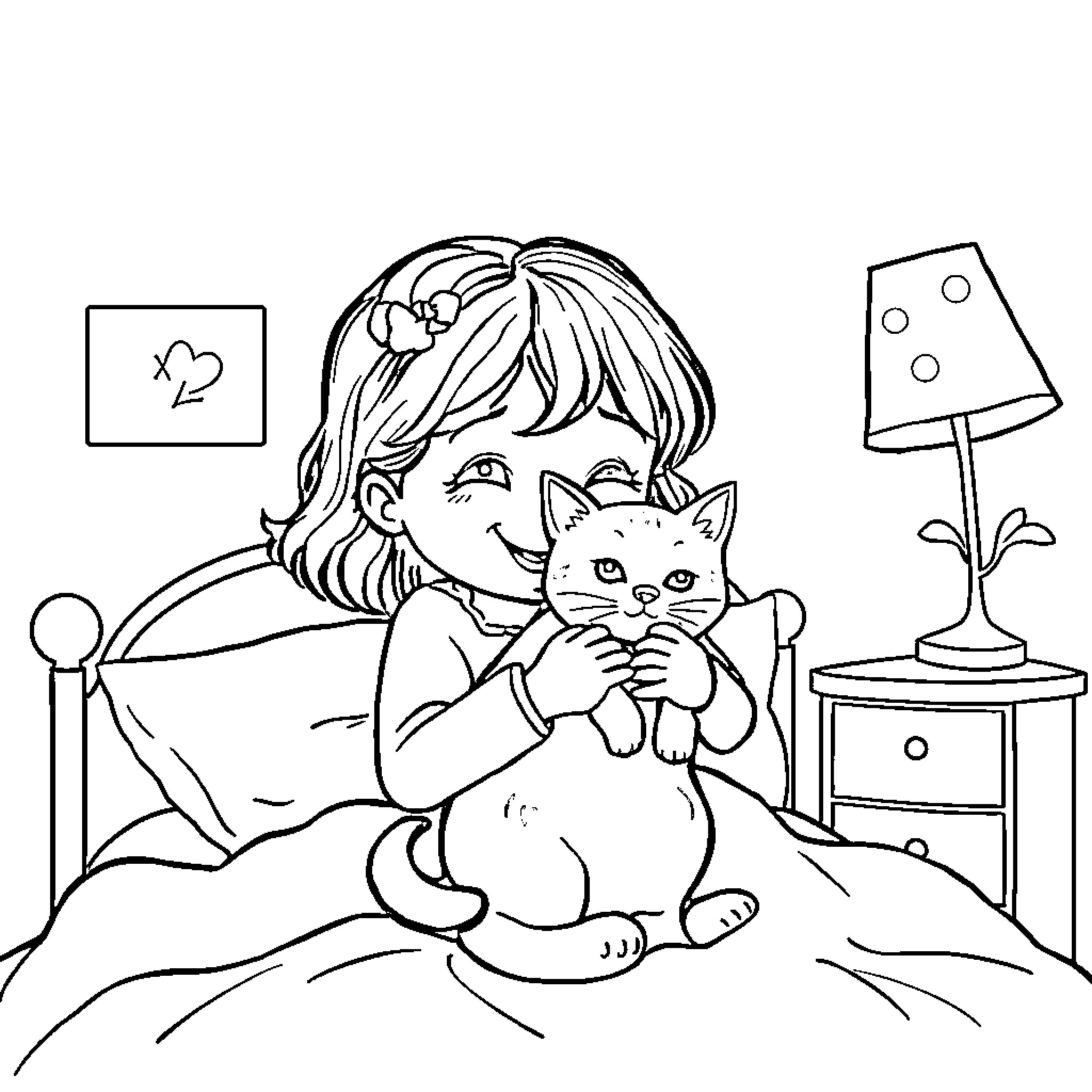 Fille cuddling a playful kitten in her bedroom Coloring Page (free black-and-white line drawing printable PDF for all, from beginners to advanced learners, including children, teens, adults, and seniors)