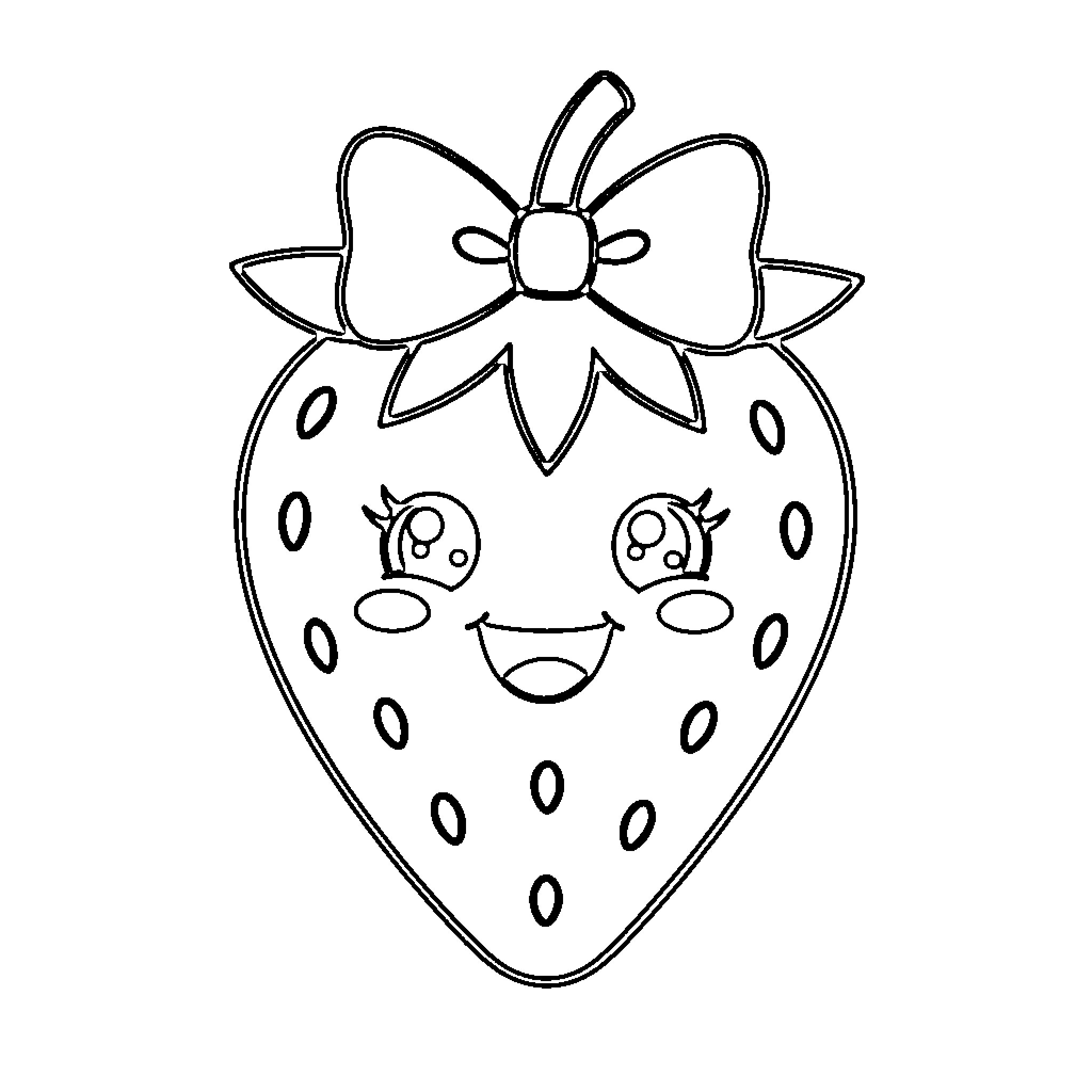 Strawberry with cheerful expression and bow Coloring Page (free black-and-white line drawing printable PDF for all, from beginners to advanced learners, including children, teens, adults, and seniors)