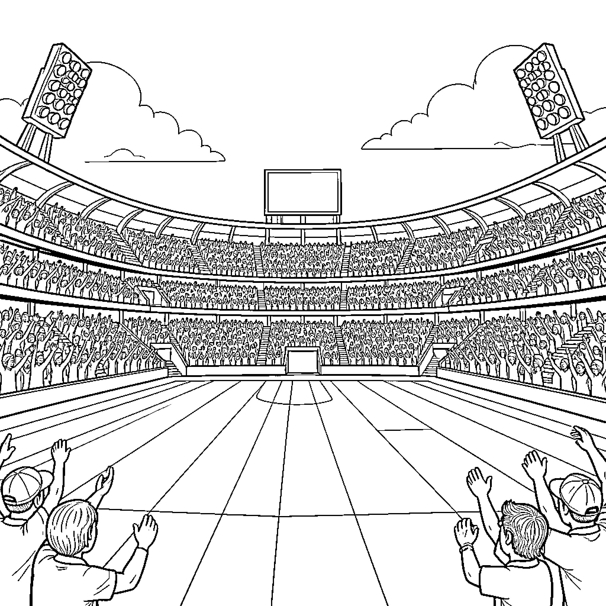 Cricket Stadium with Cheering Fans and Spotlights Coloring Page (free black-and-white line drawing printable PDF for all, from beginners to advanced learners, including children, teens, adults, and seniors)