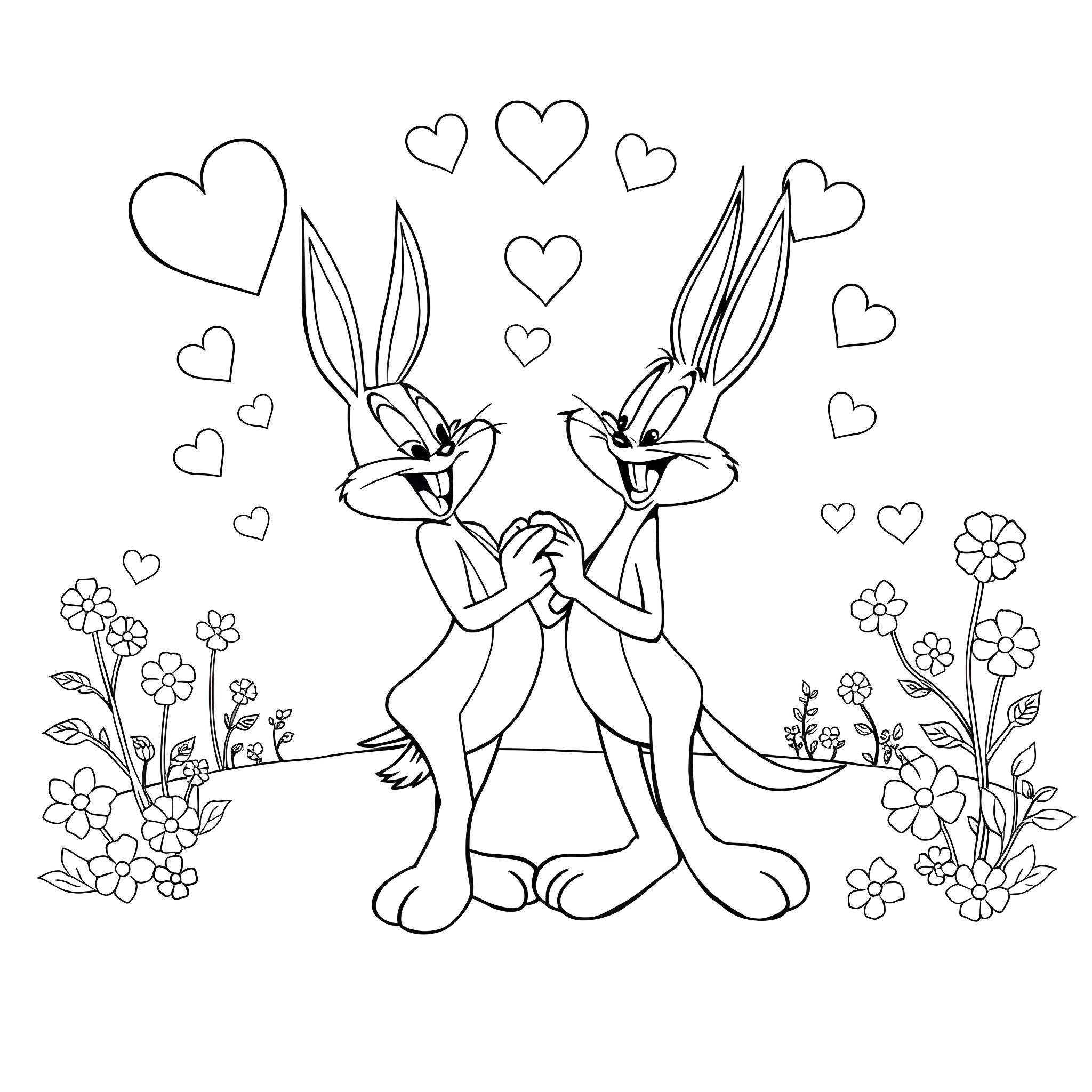 Loony Tunes: Rabbits in love with hearts and flowers Coloring Page (free black-and-white line drawing printable PDF for all, from beginners to advanced learners, including children, teens, adults, and seniors)