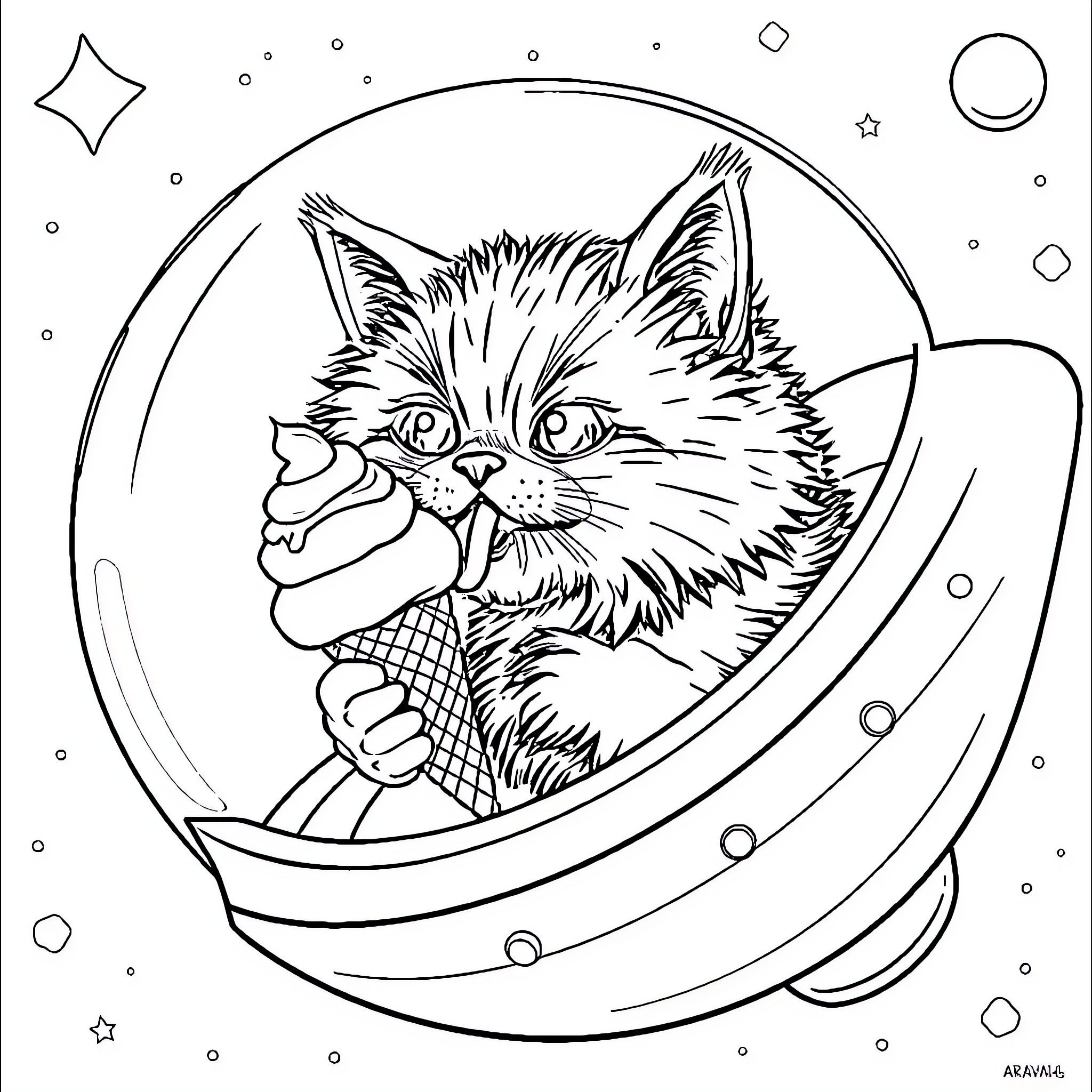 Cat in a Cosmic Spacecraft Coloring Page (free black-and-white line drawing printable PDF for all, from beginners to advanced learners, including children, teens, adults, and seniors)
