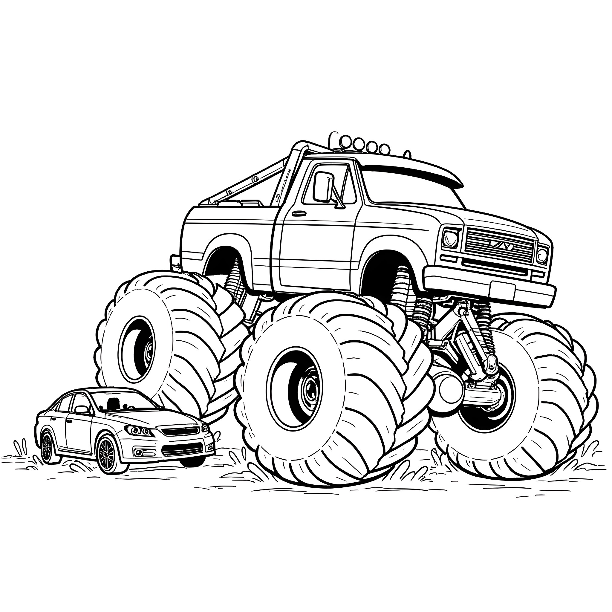 Monster Truck Crushing Small Car in Dramatic Scene Coloring Page (free black-and-white line drawing printable PDF for all, from beginners to advanced learners, including children, teens, adults, and seniors)