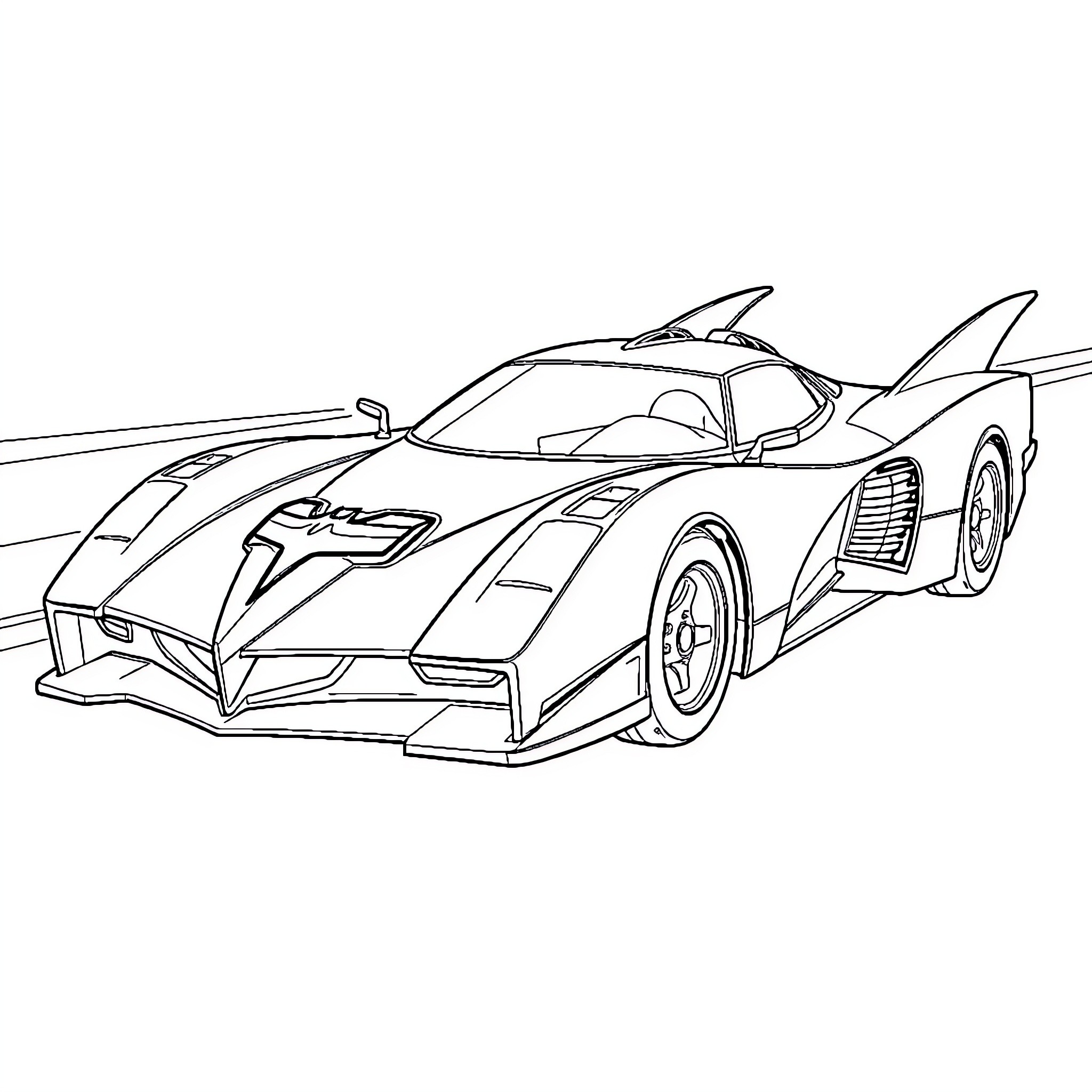 Batmobile in high-speed pursuit Coloring Page (free black-and-white line drawing printable PDF for all, from beginners to advanced learners, including children, teens, adults, and seniors)