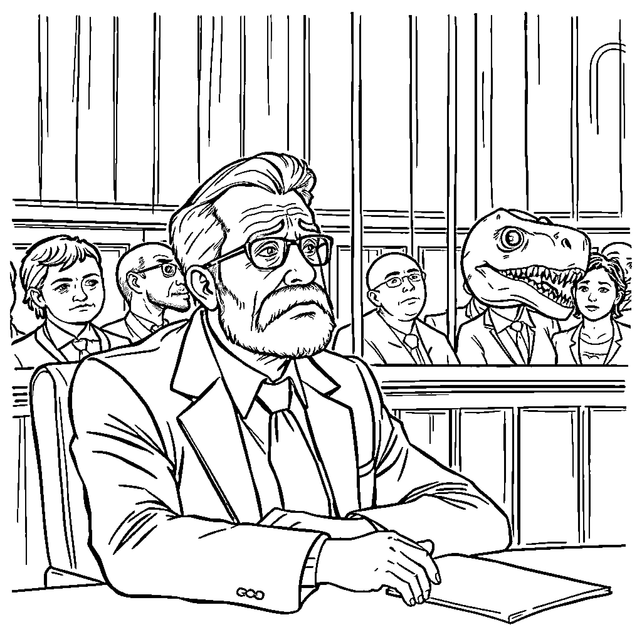 John Hammond on trial in the courtroom Coloring Page (free black-and-white line drawing printable PDF for all, from beginners to advanced learners, including children, teens, adults, and seniors)