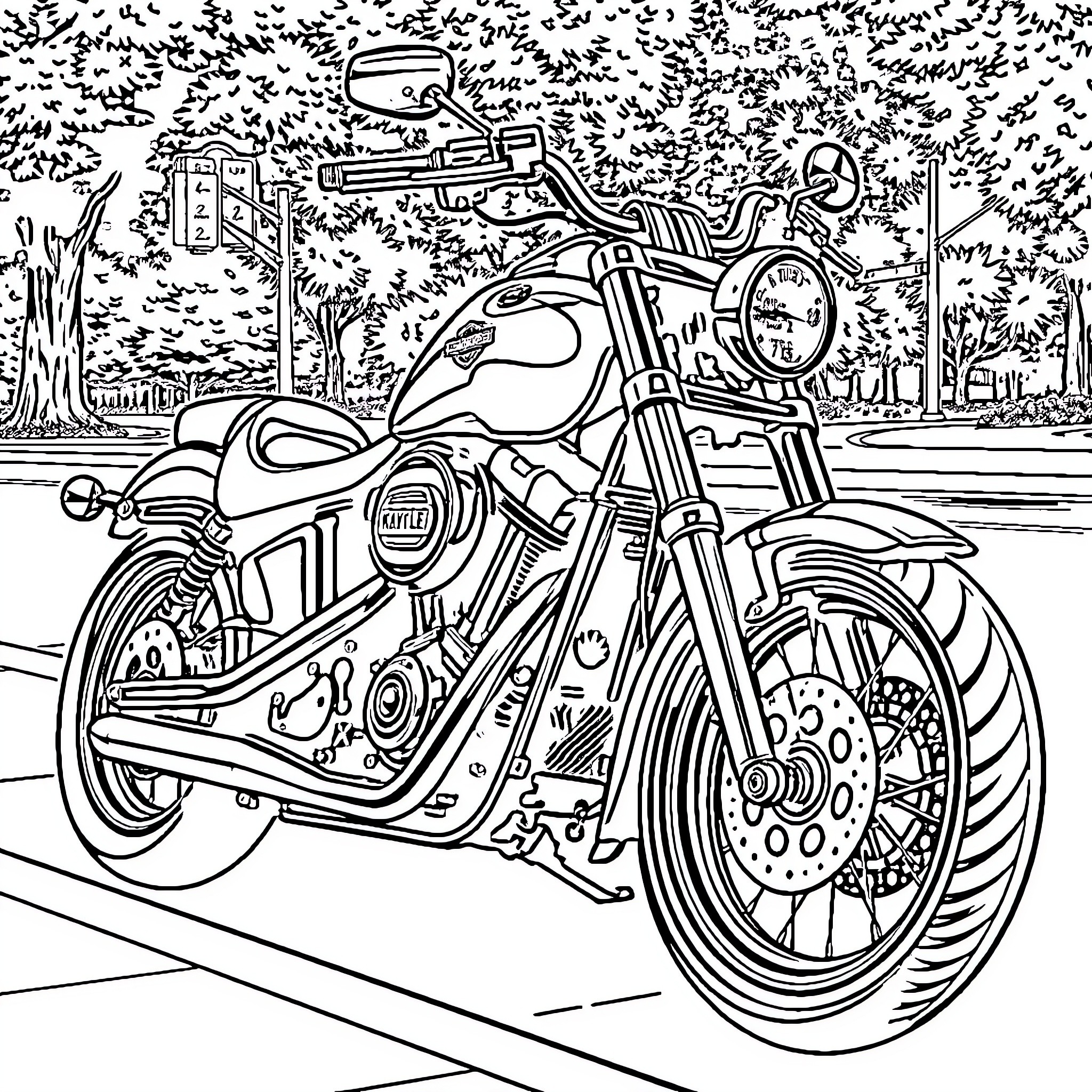 Harley Davidson motorcycle on the open road Coloring Page (free black-and-white line drawing printable PDF for all, from beginners to advanced learners, including children, teens, adults, and seniors)