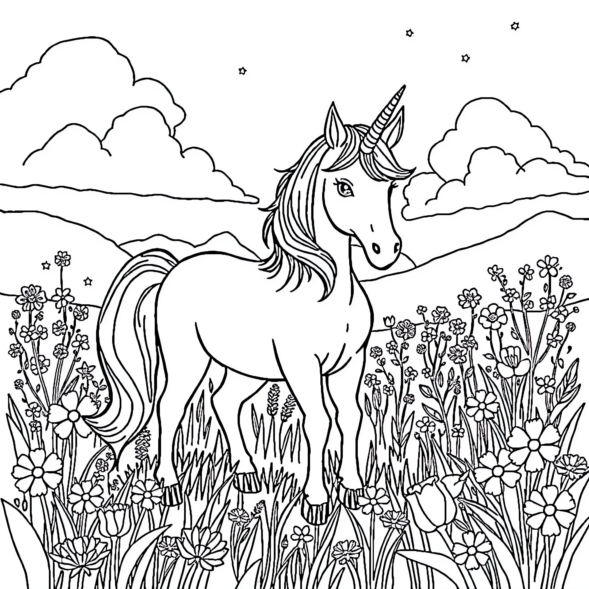 Unicorn in a Whimsical Floral Landscape Coloring Page (free black-and-white line drawing printable PDF for all, from beginners to advanced learners, including children, teens, adults, and seniors)