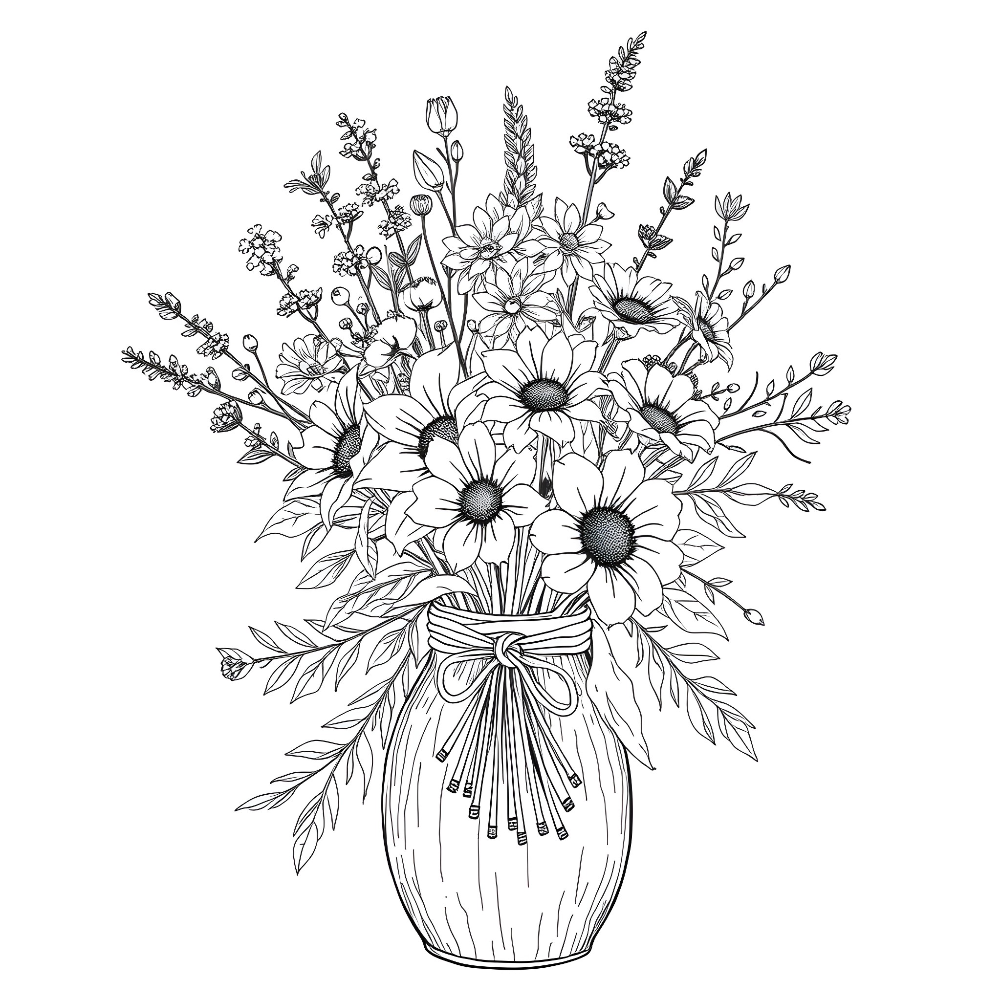 Flower bouquet in a vase with ribbons Coloring Page (free black-and-white line drawing printable PDF for all, from beginners to advanced learners, including children, teens, adults, and seniors)