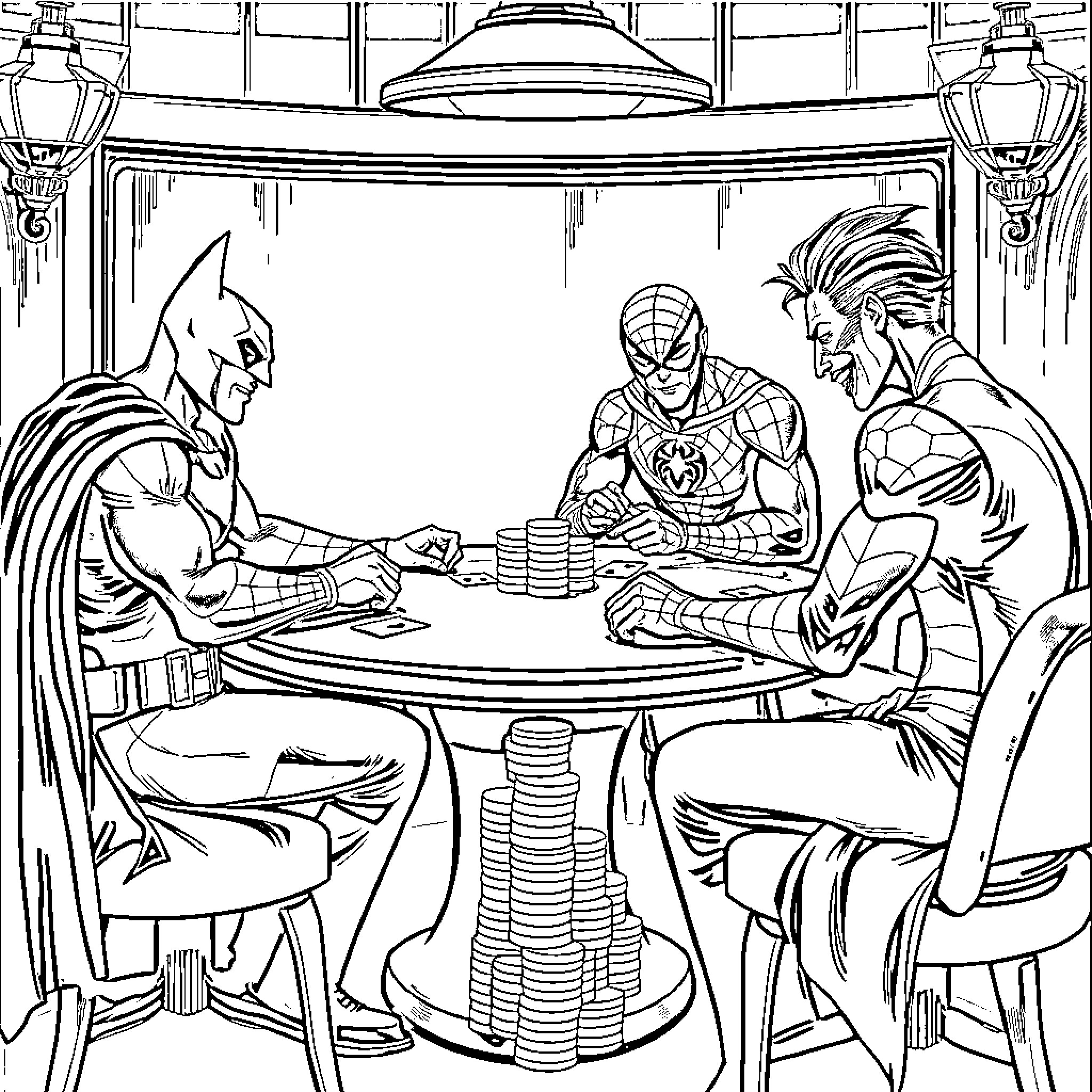 Superheroes Playing Cards in Elegant Parlor Coloring Page (free black-and-white line drawing printable PDF for all, from beginners to advanced learners, including children, teens, adults, and seniors)