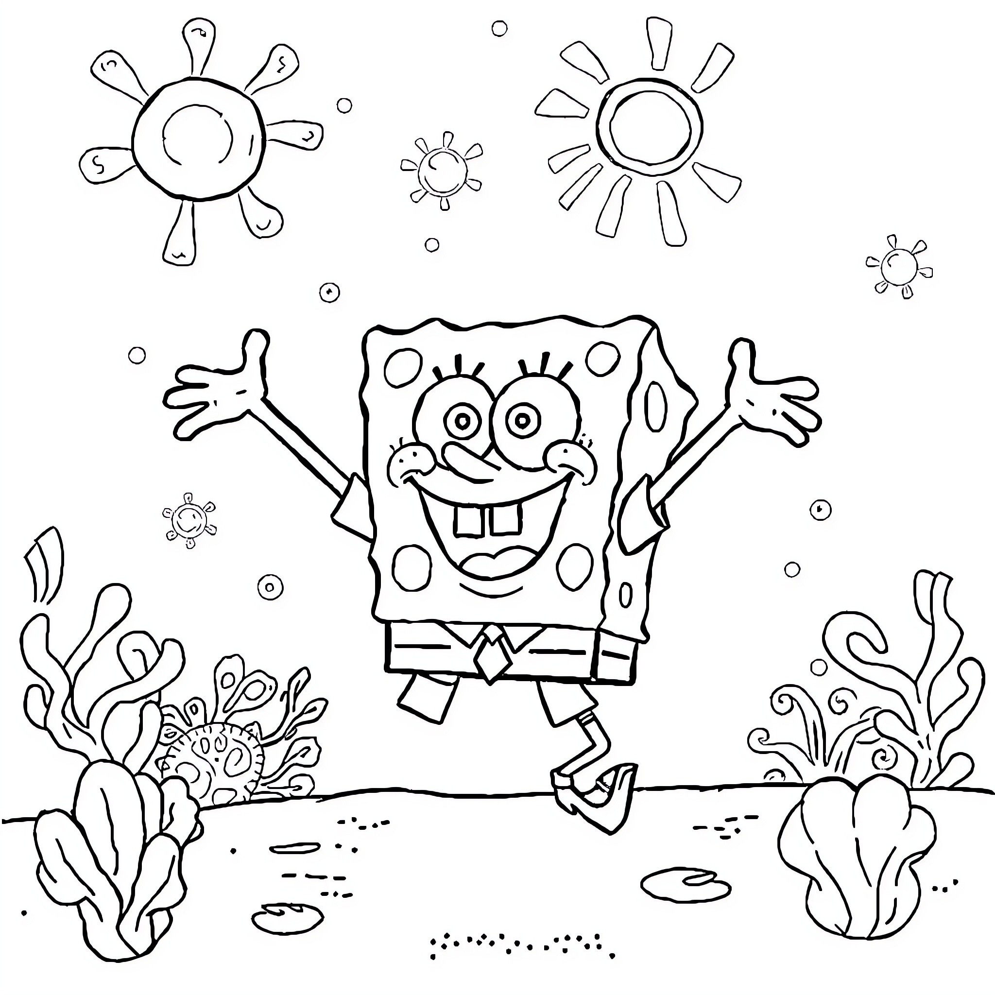 Spongebob's joyful underwater adventure Coloring Page (free black-and-white line drawing printable PDF for all, from beginners to advanced learners, including children, teens, adults, and seniors)