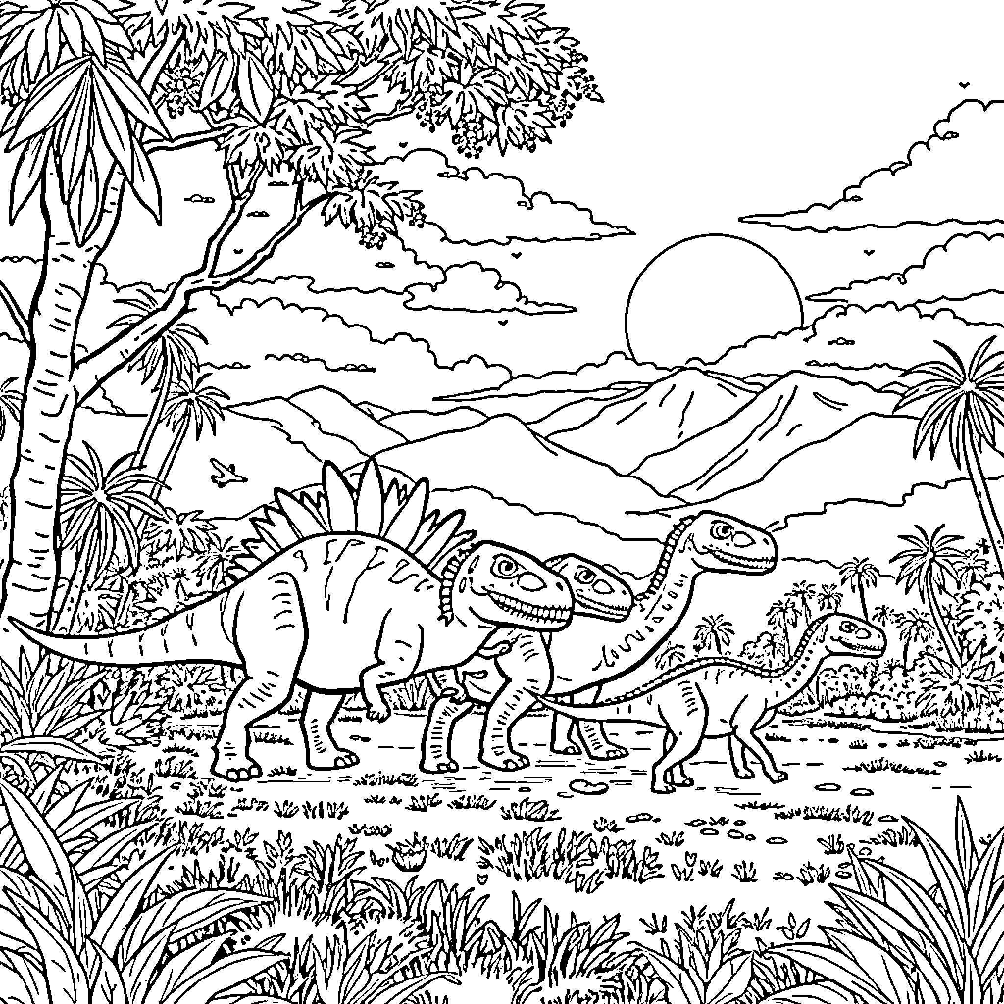 Dinosaurs roaming in the prehistoric landscape Coloring Page (free black-and-white line drawing printable PDF for all, from beginners to advanced learners, including children, teens, adults, and seniors)