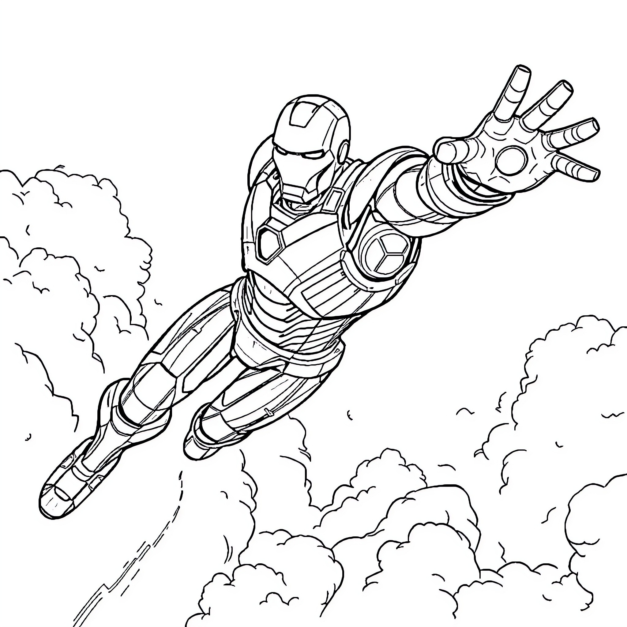 Ironman soaring through the skies in action Coloring Page (free black-and-white line drawing printable PDF for all, from beginners to advanced learners, including children, teens, adults, and seniors)