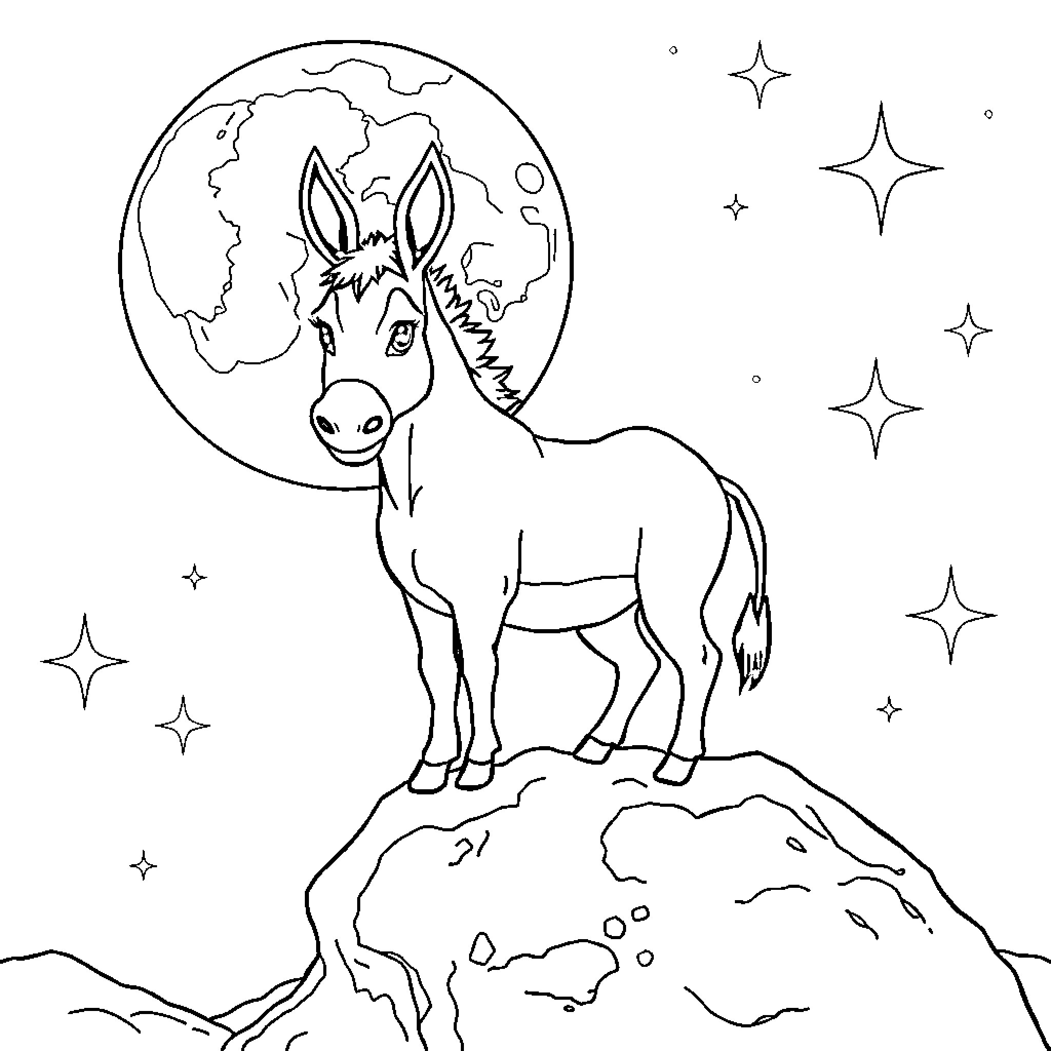 Donkey gazing at the starry night sky Coloring Page (free black-and-white line drawing printable PDF for all, from beginners to advanced learners, including children, teens, adults, and seniors)
