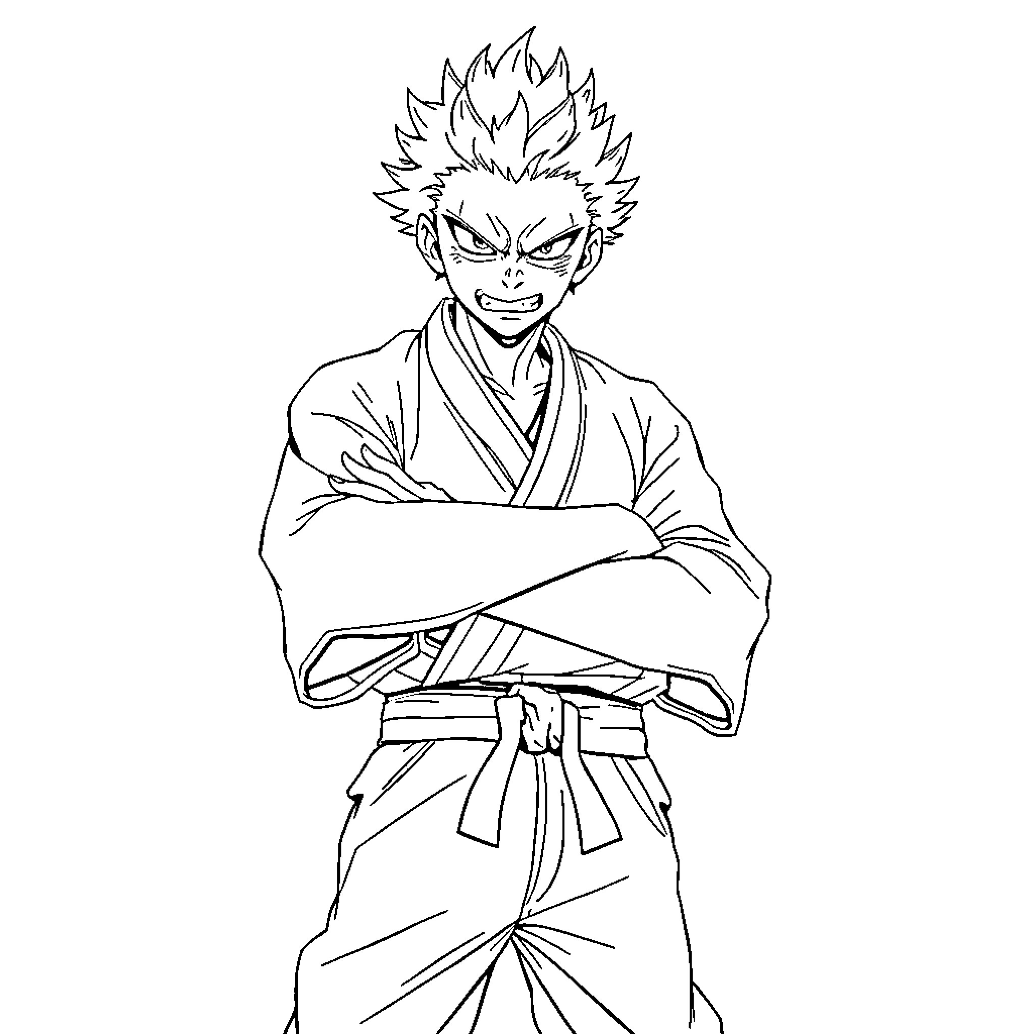 Sukuna in Fierce Martial Arts Pose Coloring Page (free black-and-white line drawing printable PDF for all, from beginners to advanced learners, including children, teens, adults, and seniors)