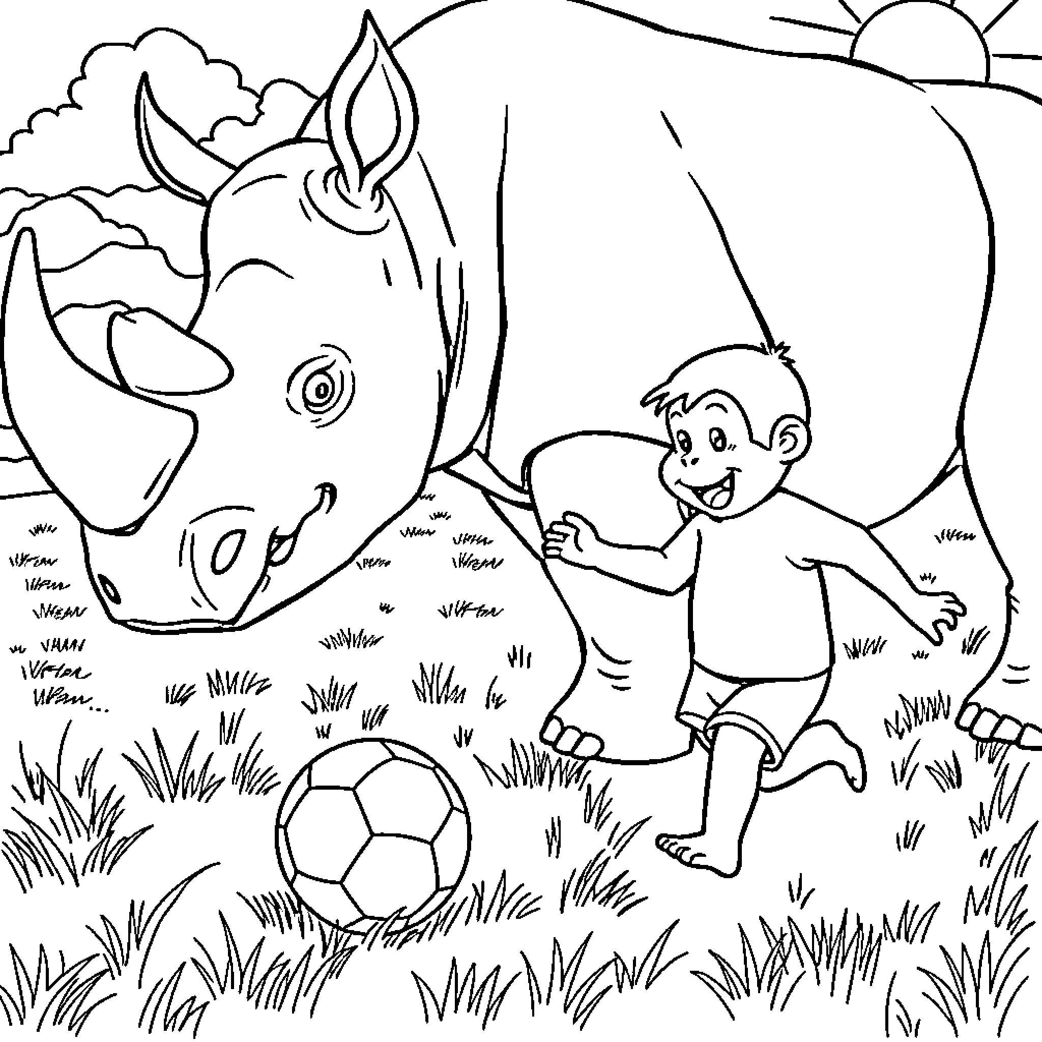 Rhino and child playing soccer in natural setting Coloring Page (free black-and-white line drawing printable PDF for all, from beginners to advanced learners, including children, teens, adults, and seniors)