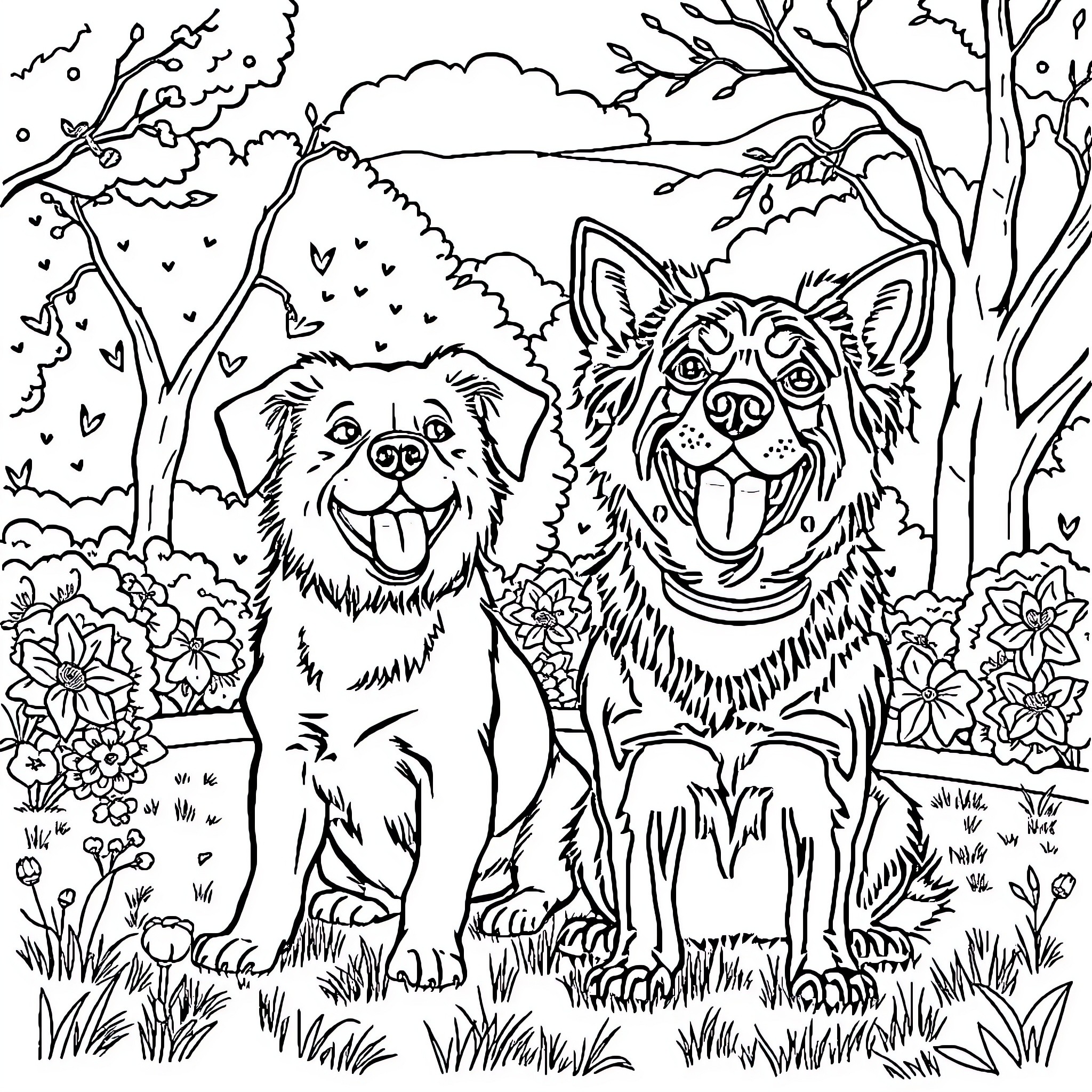 Dog friends exploring the forest together Coloring Page (free black-and-white line drawing printable PDF for all, from beginners to advanced learners, including children, teens, adults, and seniors)