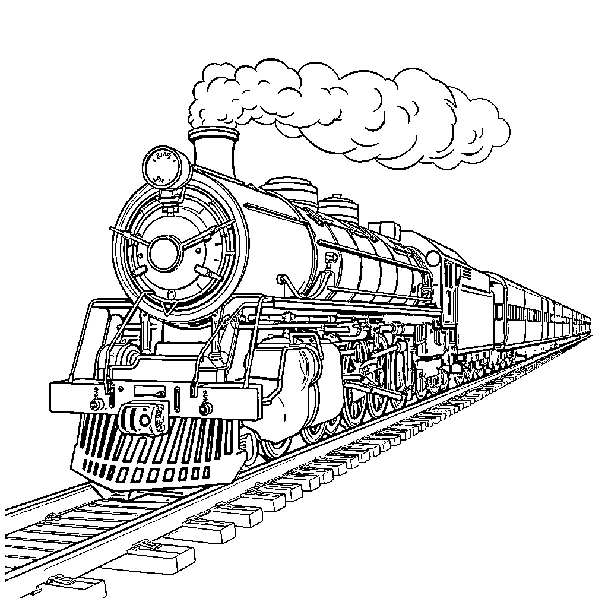 Chesapeake Steam Train Locomotive in Motion Coloring Page (free black-and-white line drawing printable PDF for all, from beginners to advanced learners, including children, teens, adults, and seniors)