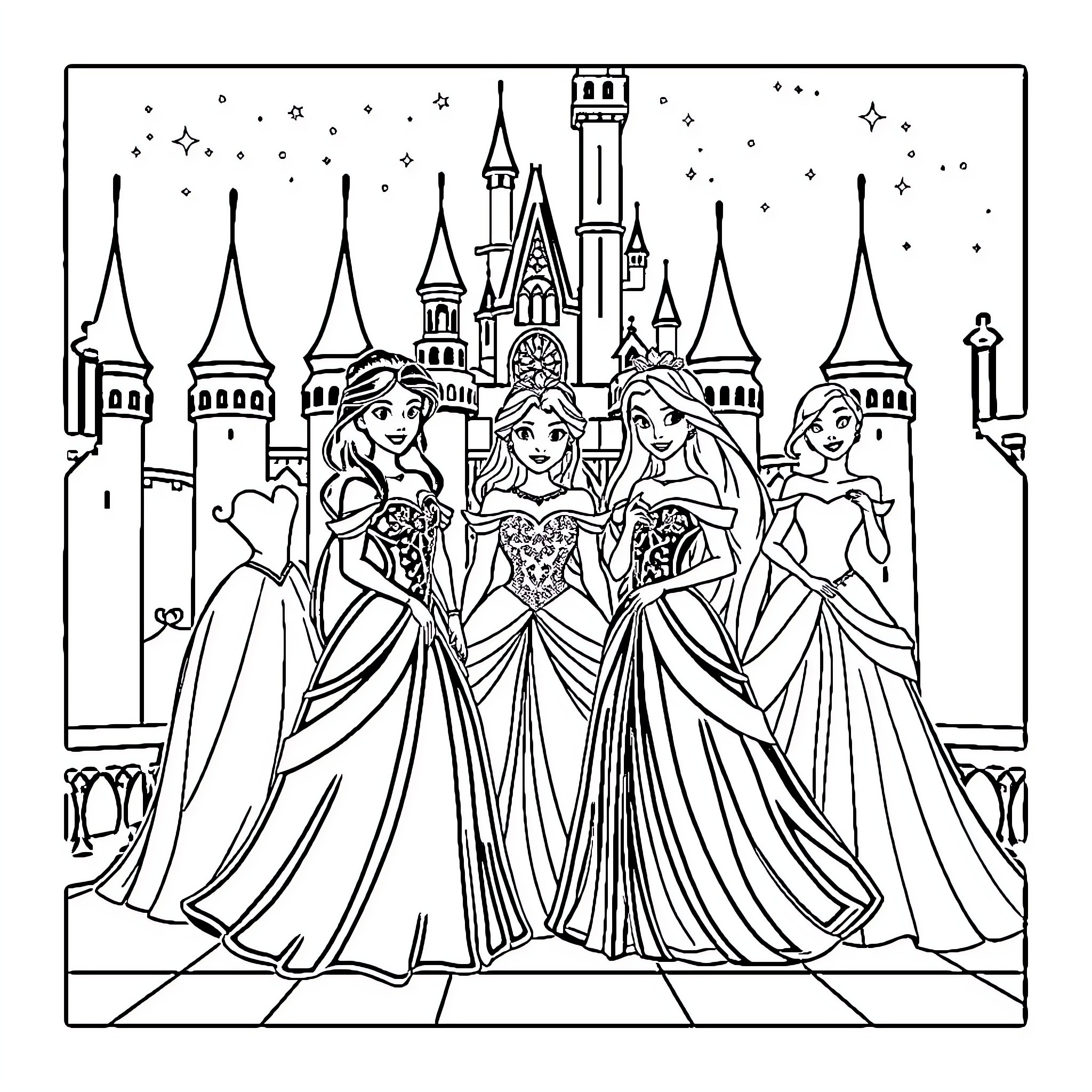 Princesses Attending Grand Castle Ball Coloring Page (free black-and-white line drawing printable PDF for all, from beginners to advanced learners, including children, teens, adults, and seniors)
