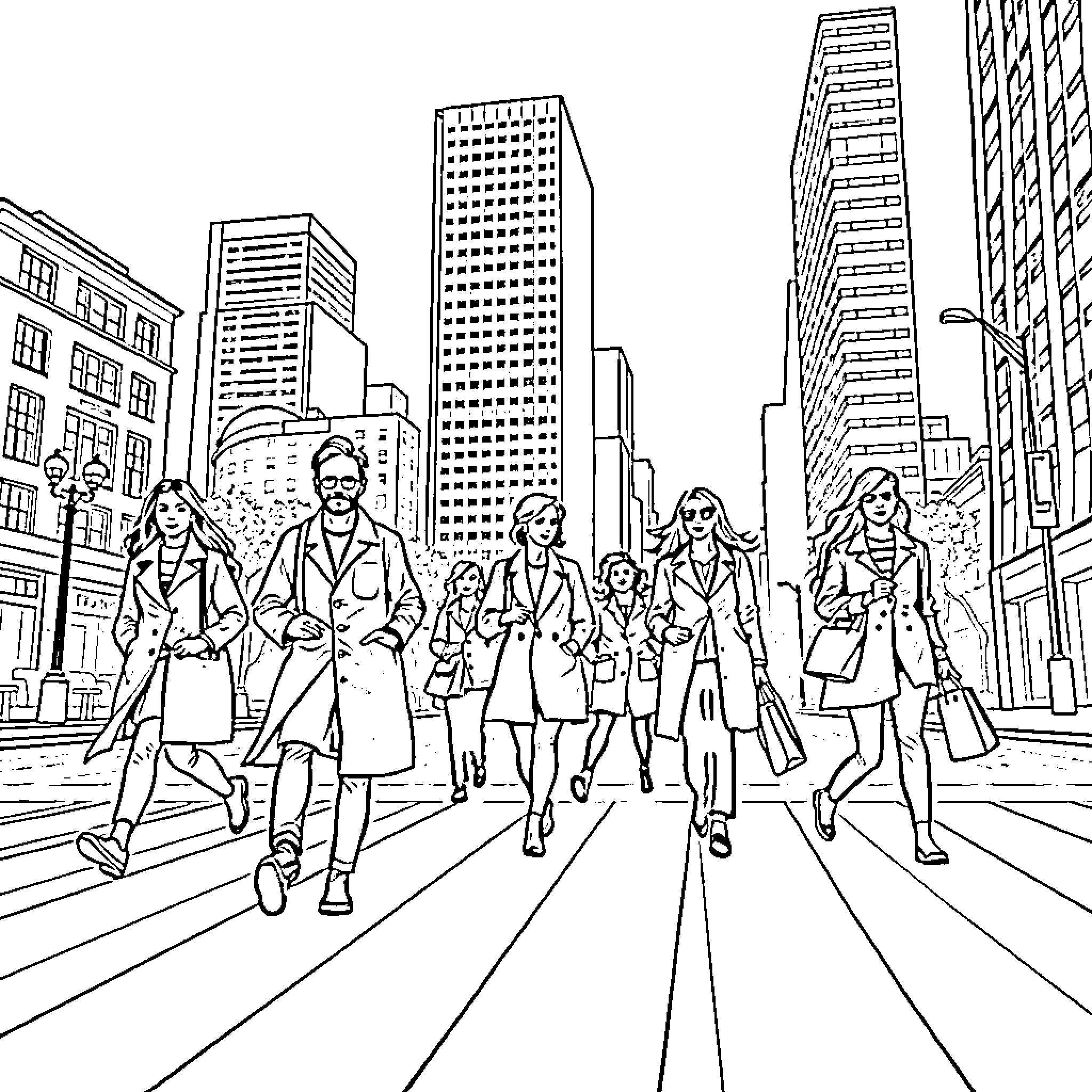 People walking together in a city street Coloring Page (free black-and-white line drawing printable PDF for all, from beginners to advanced learners, including children, teens, adults, and seniors)