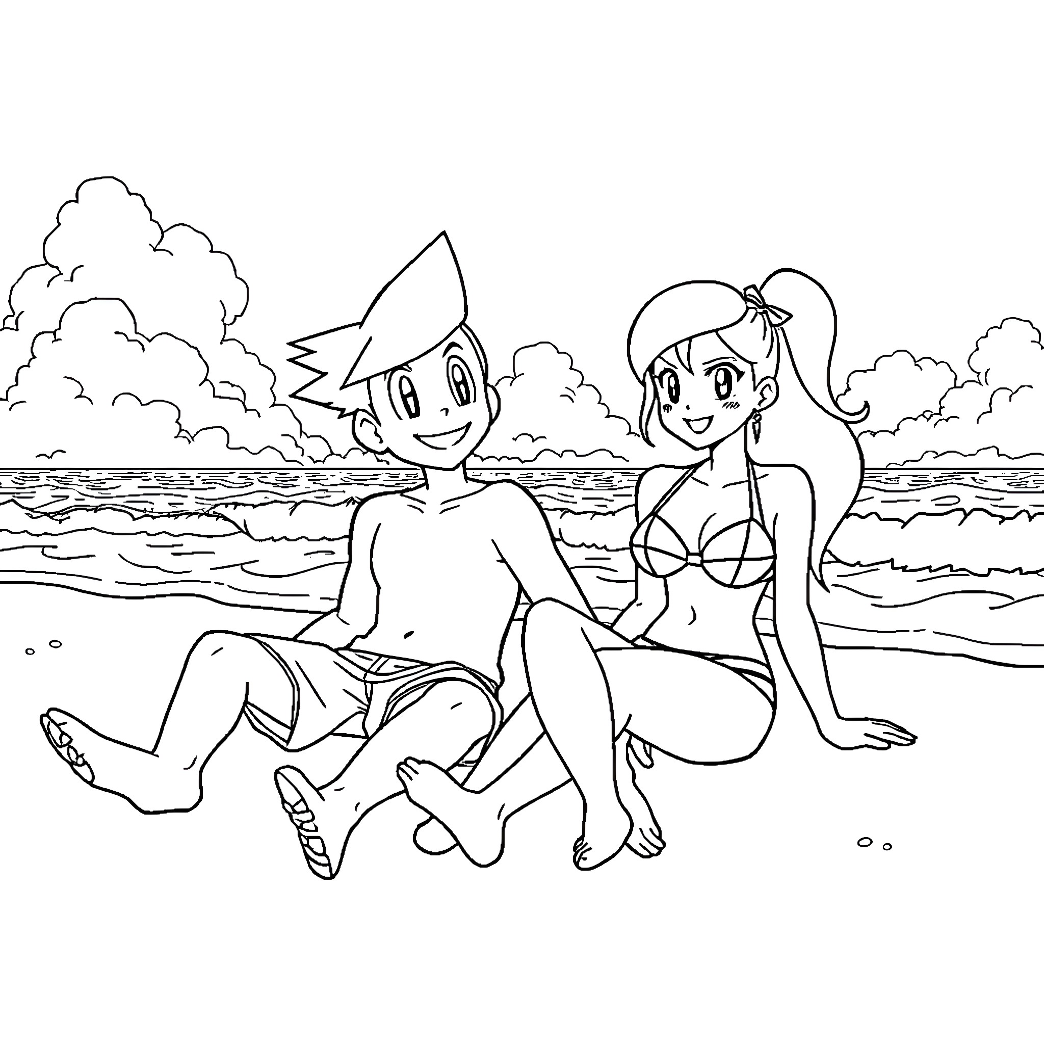Ash Ketchum and Misty enjoying the beach Coloring Page (free black-and-white line drawing printable PDF for all, from beginners to advanced learners, including children, teens, adults, and seniors)