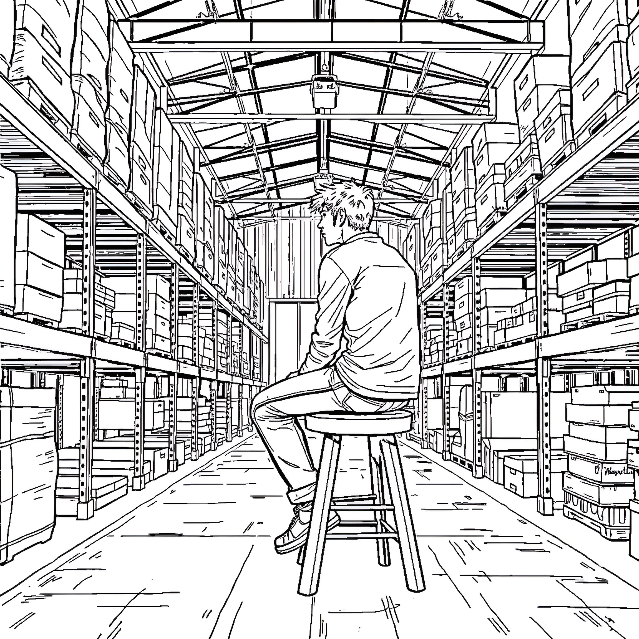 Guy in a large warehouse surrounded by shelves Coloring Page (free black-and-white line drawing printable PDF for all, from beginners to advanced learners, including children, teens, adults, and seniors)