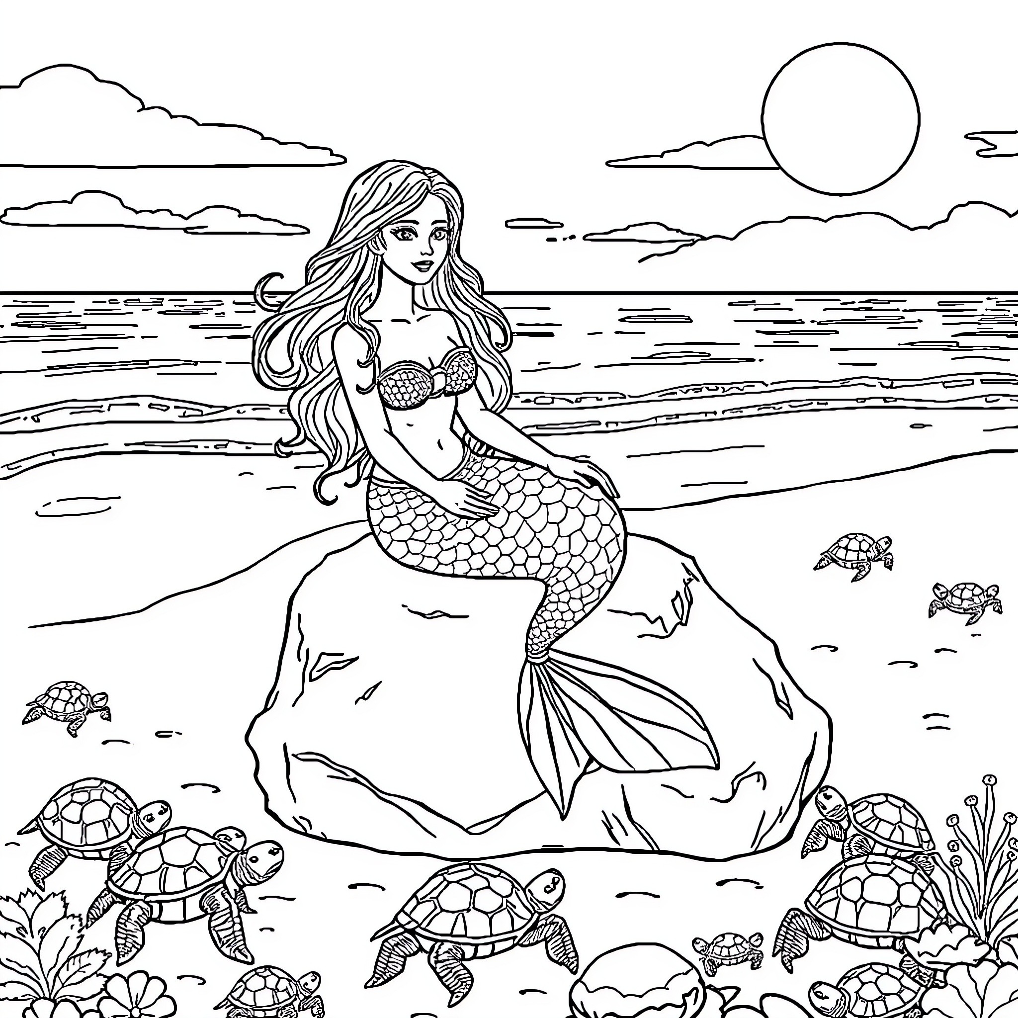 Mermaid relaxing in the ocean with sea turtles Coloring Page (free black-and-white line drawing printable PDF for all, from beginners to advanced learners, including children, teens, adults, and seniors)