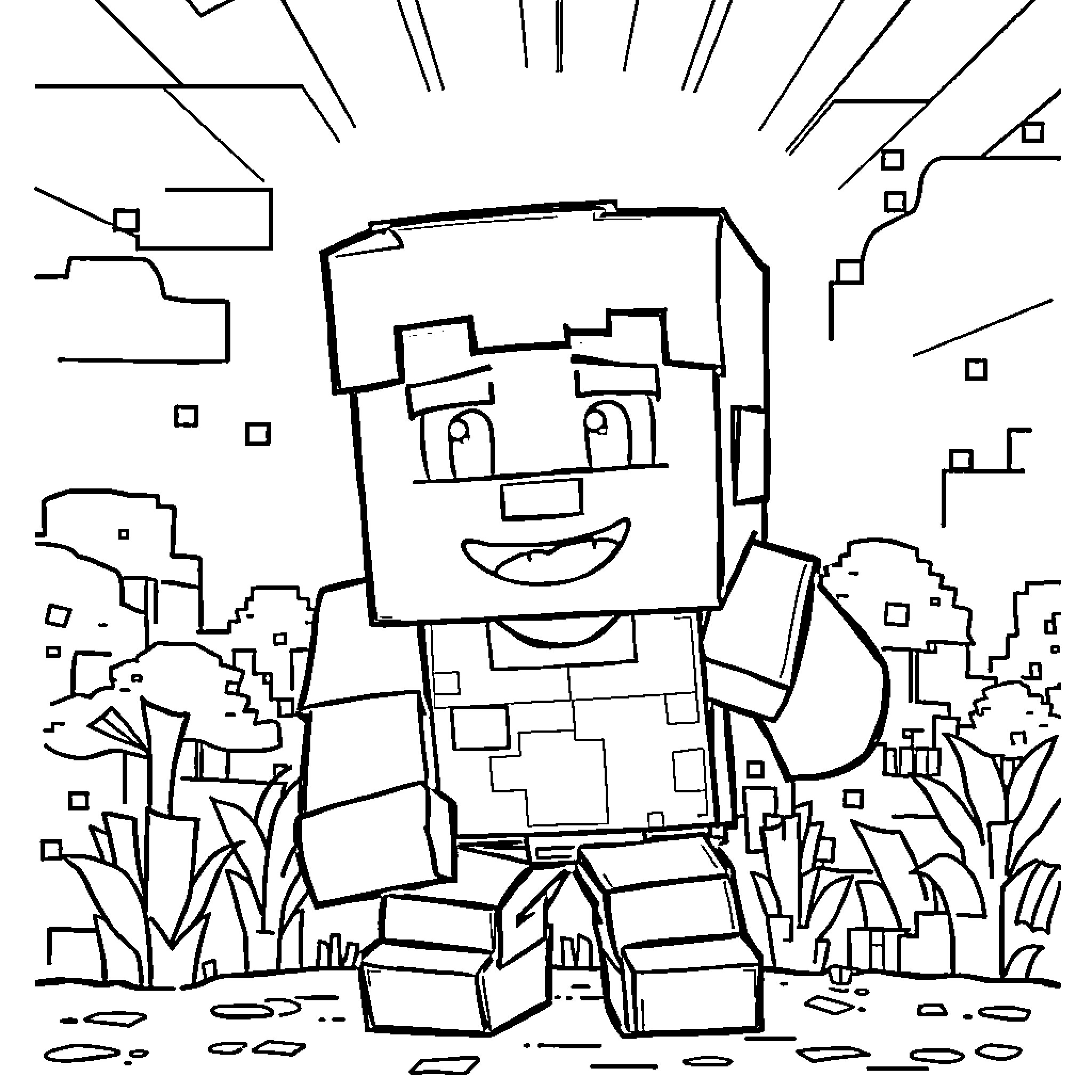 Steve's Joyful Minecraft Adventure Coloring Page (free black-and-white line drawing printable PDF for all, from beginners to advanced learners, including children, teens, adults, and seniors)
