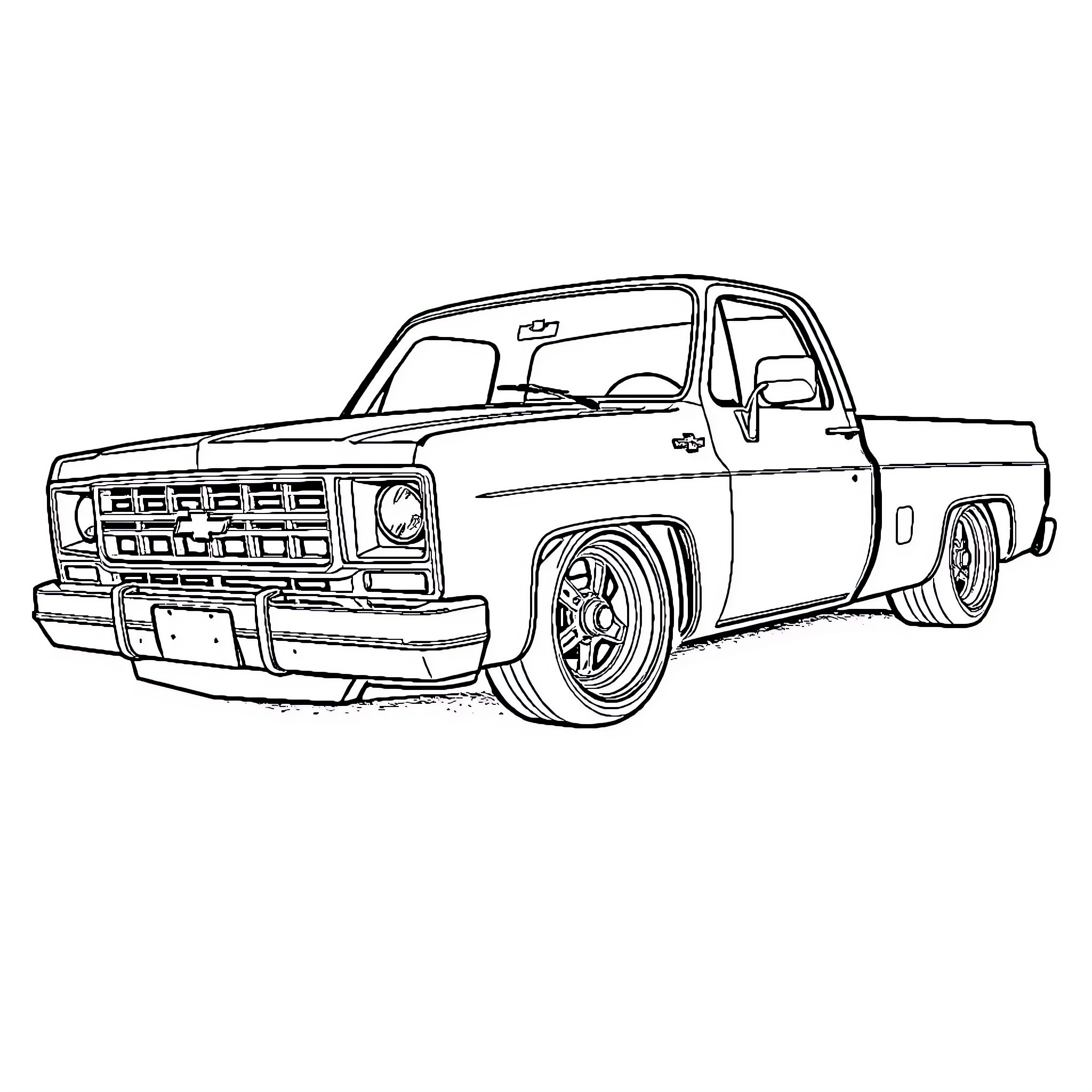 Chevy truck with custom modifications Coloring Page (free black-and-white line drawing printable PDF for all, from beginners to advanced learners, including children, teens, adults, and seniors)
