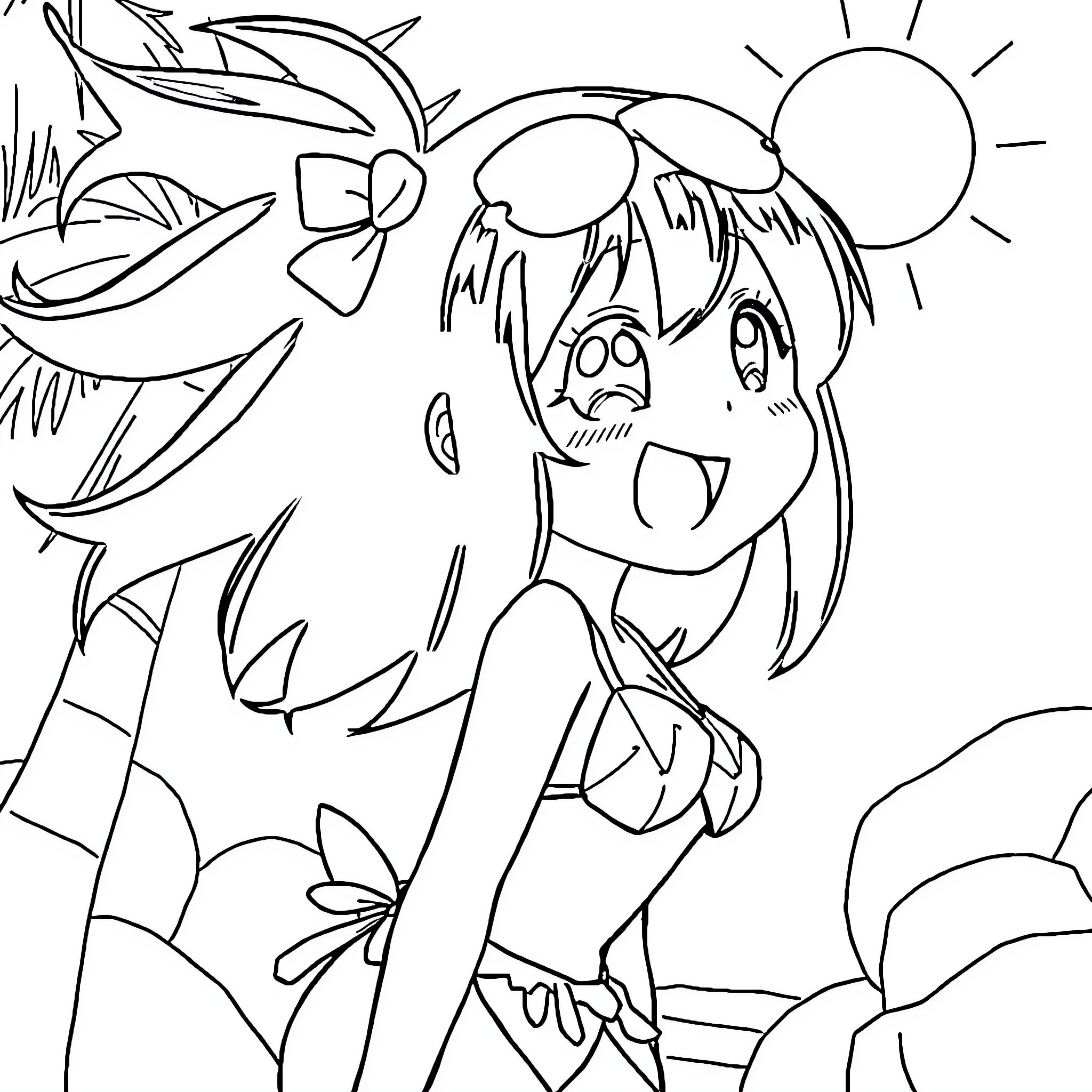 Megumin enjoying the sunny outdoors Coloring Page (free black-and-white line drawing printable PDF for all, from beginners to advanced learners, including children, teens, adults, and seniors)