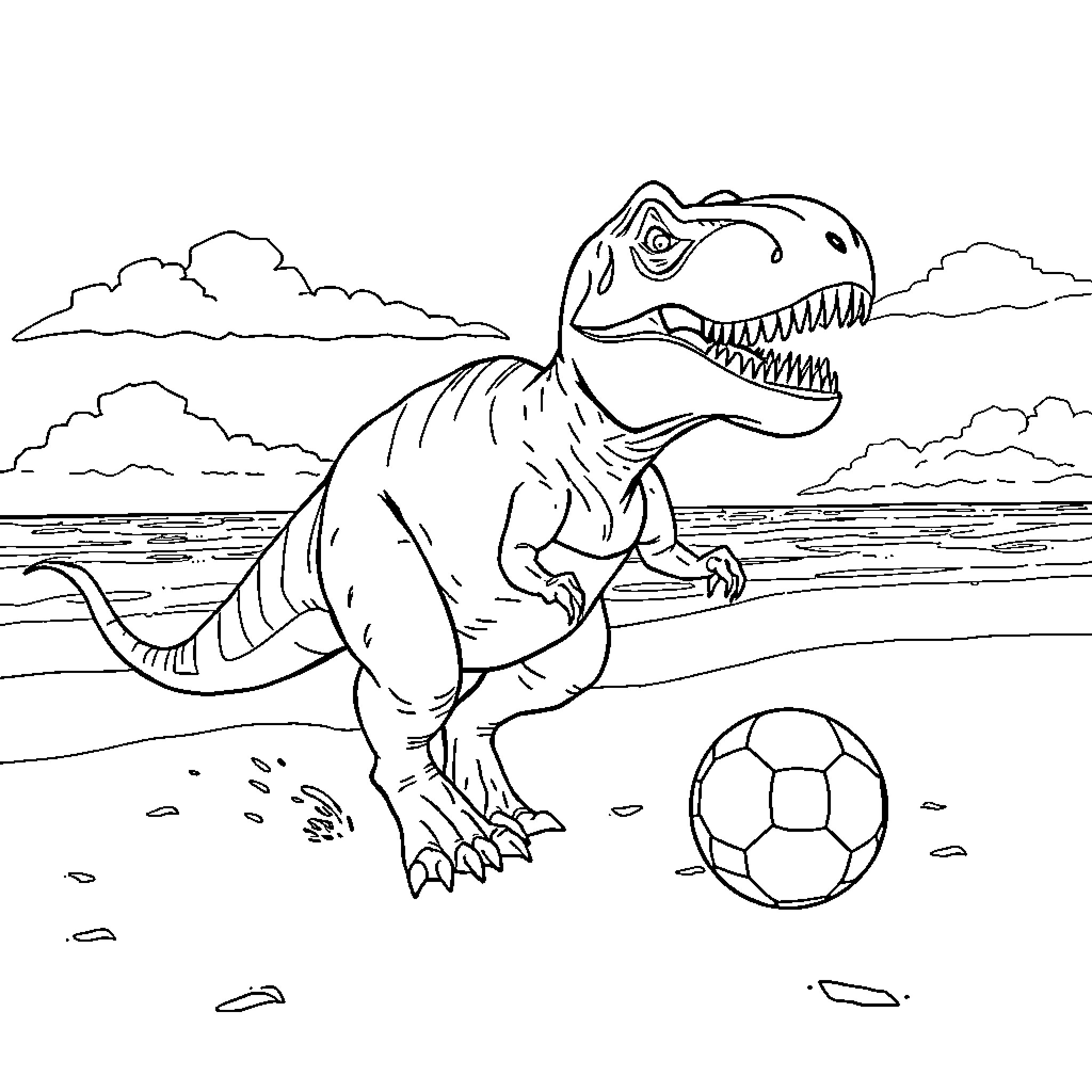 Tyrannosaurus Rex playing with a soccer ball on the beach Coloring Page (free black-and-white line drawing printable PDF for all, from beginners to advanced learners, including children, teens, adults, and seniors)