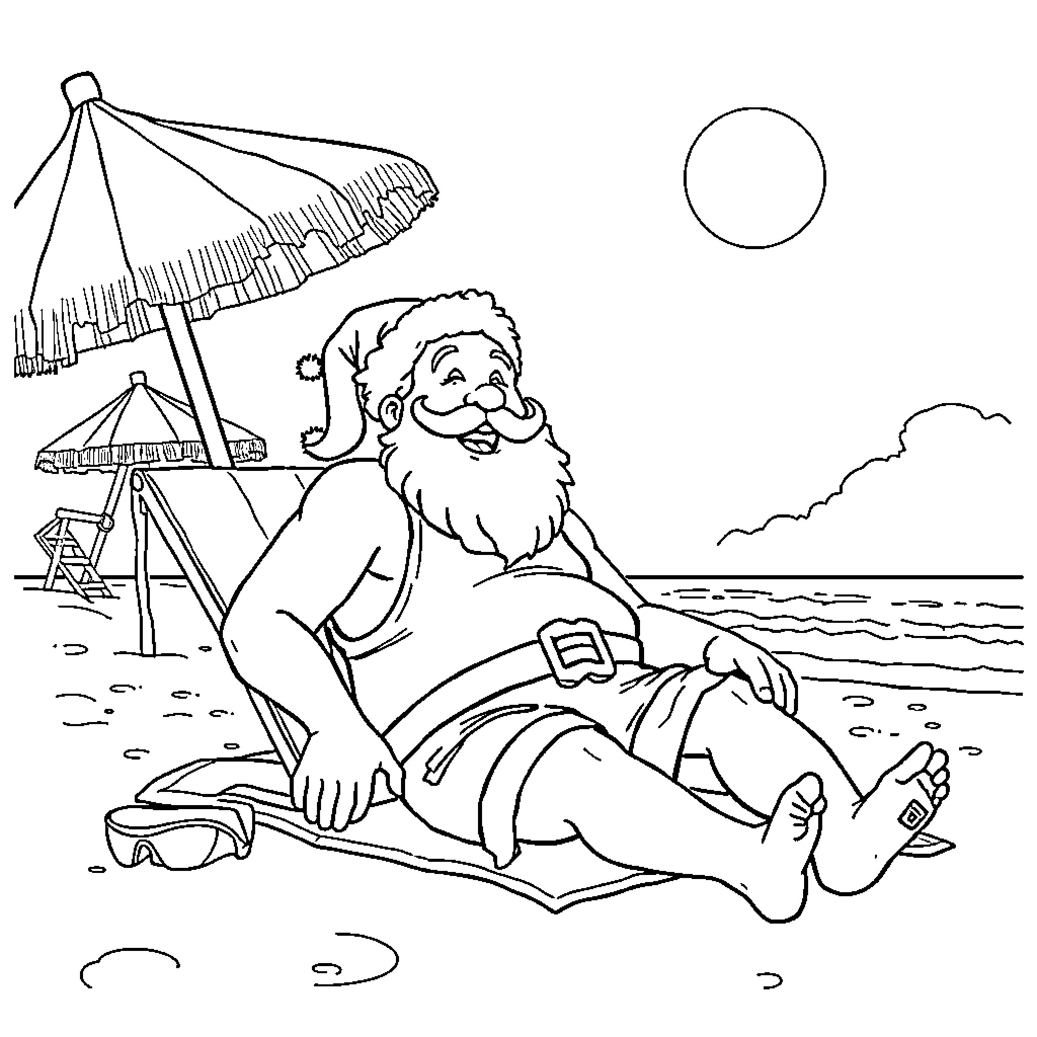 Santa Claus relaxing on the beach with an umbrella Coloring Page (free black-and-white line drawing printable PDF for all, from beginners to advanced learners, including children, teens, adults, and seniors)