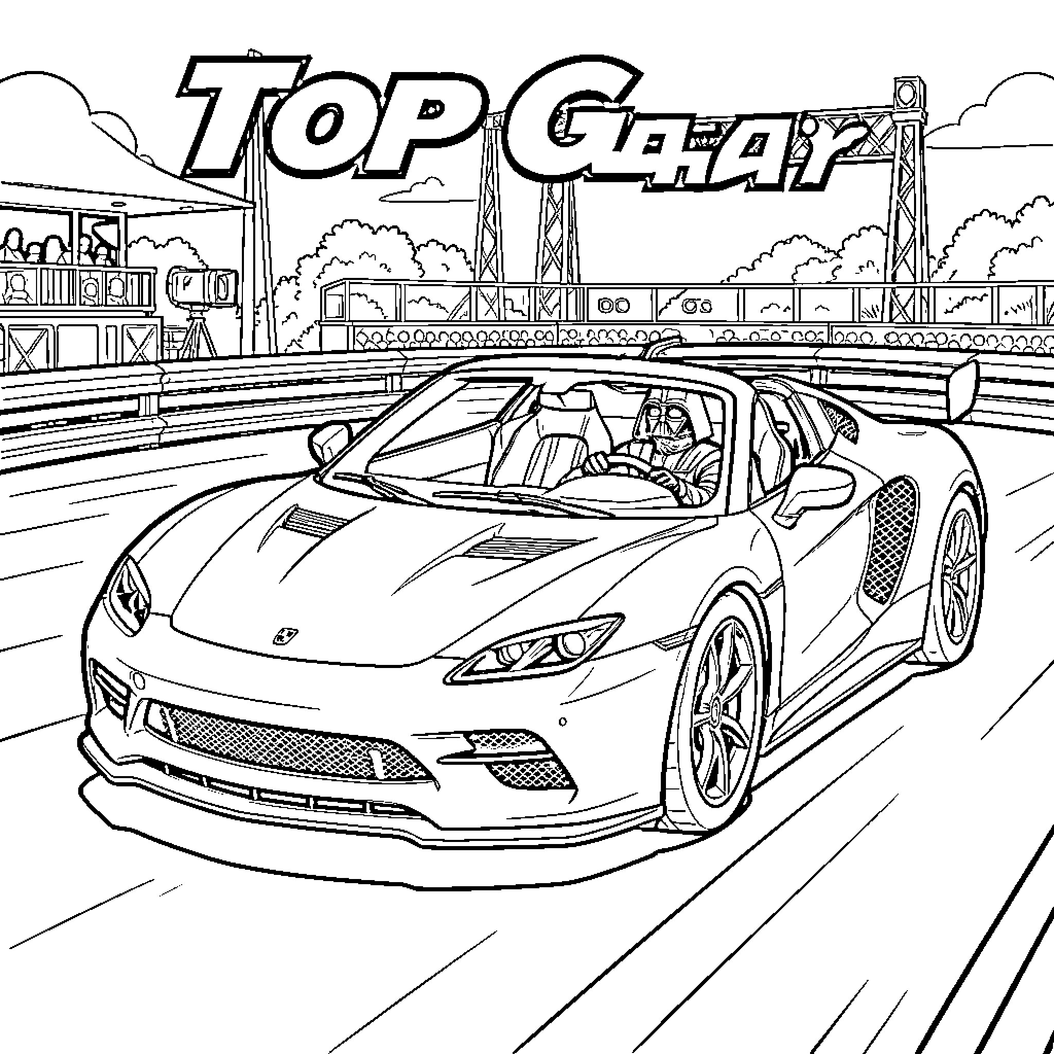 Darth Vader is not present in this racing scene Coloring Page (free black-and-white line drawing printable PDF for all, from beginners to advanced learners, including children, teens, adults, and seniors)