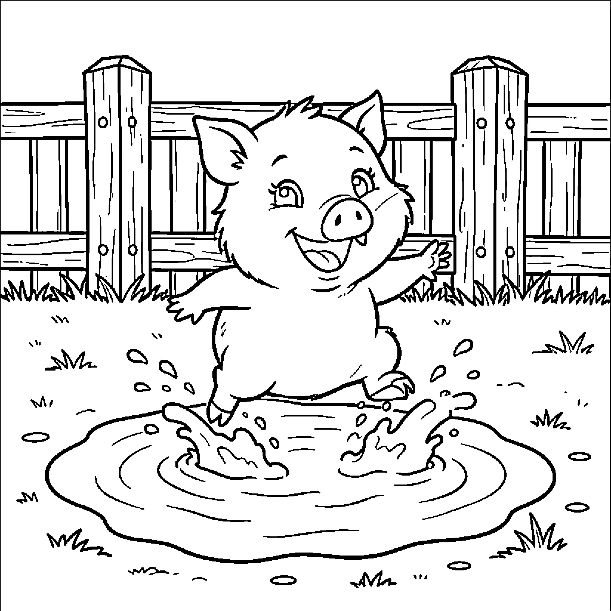 Cerdito jumping happily in a water puddle Coloring Page (free black-and-white line drawing printable PDF for all, from beginners to advanced learners, including children, teens, adults, and seniors)